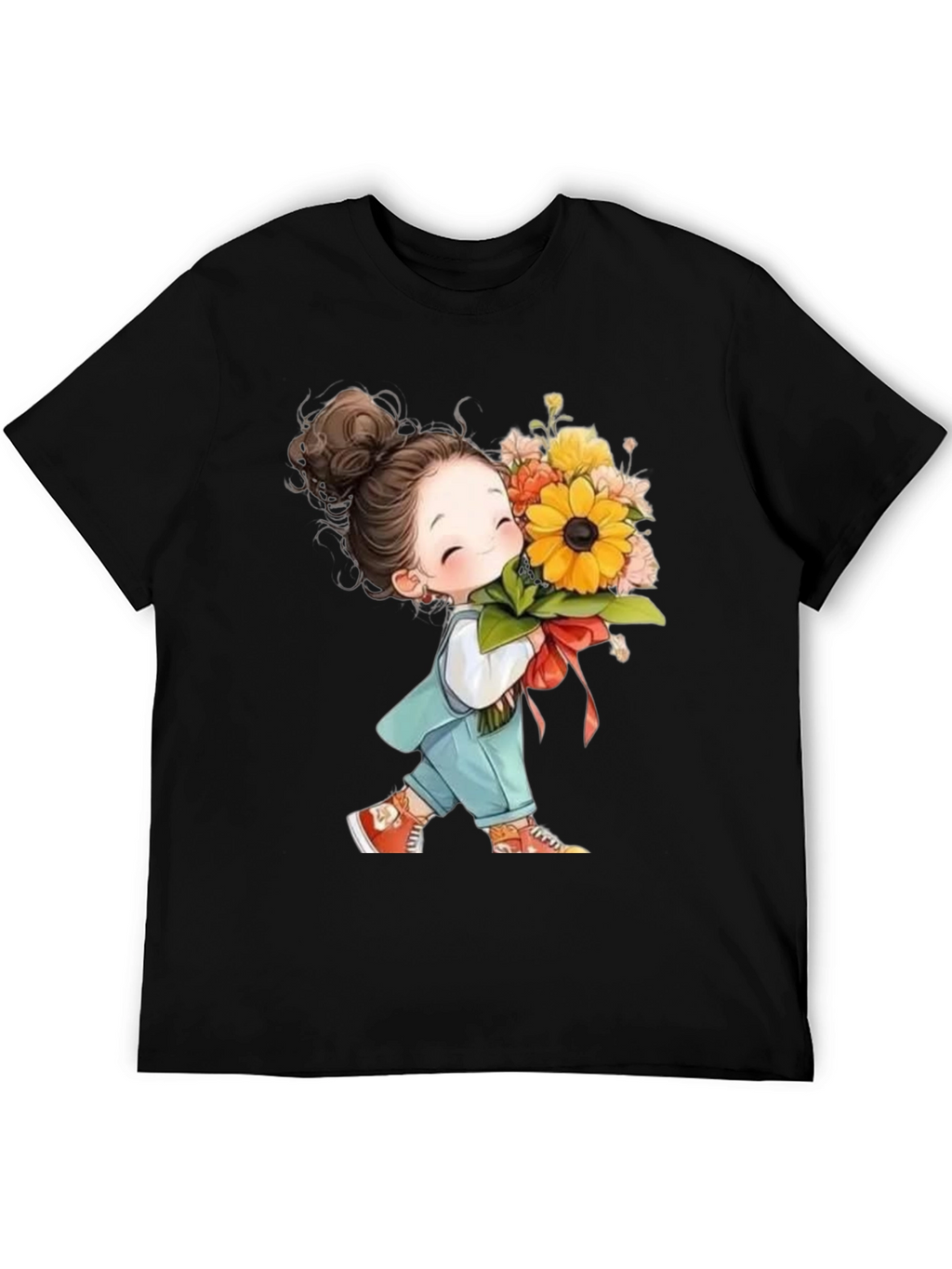 Cute Girl with Flowers Black T-Shirt