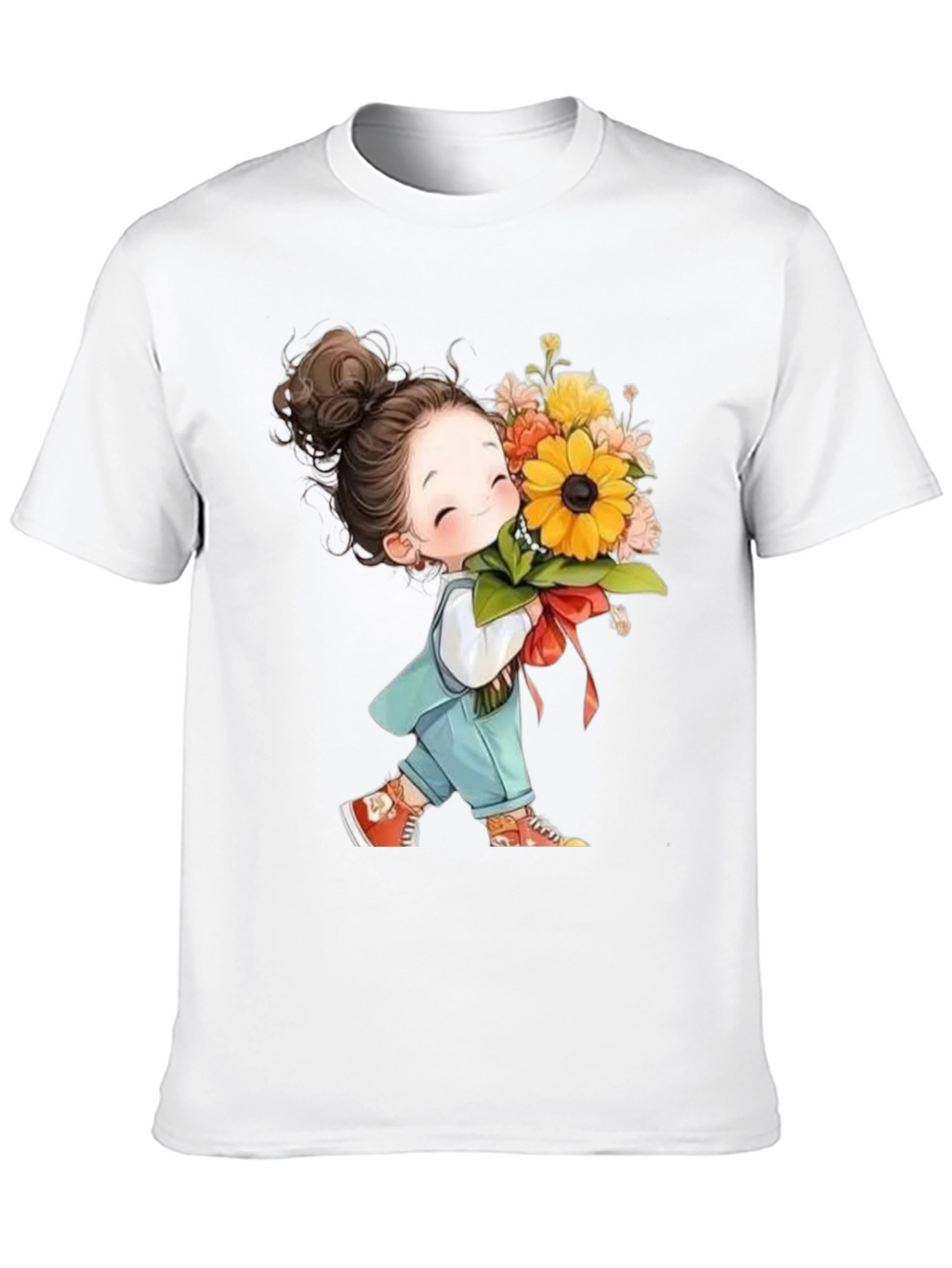 Cute Girl with Flowers Black T-Shirt