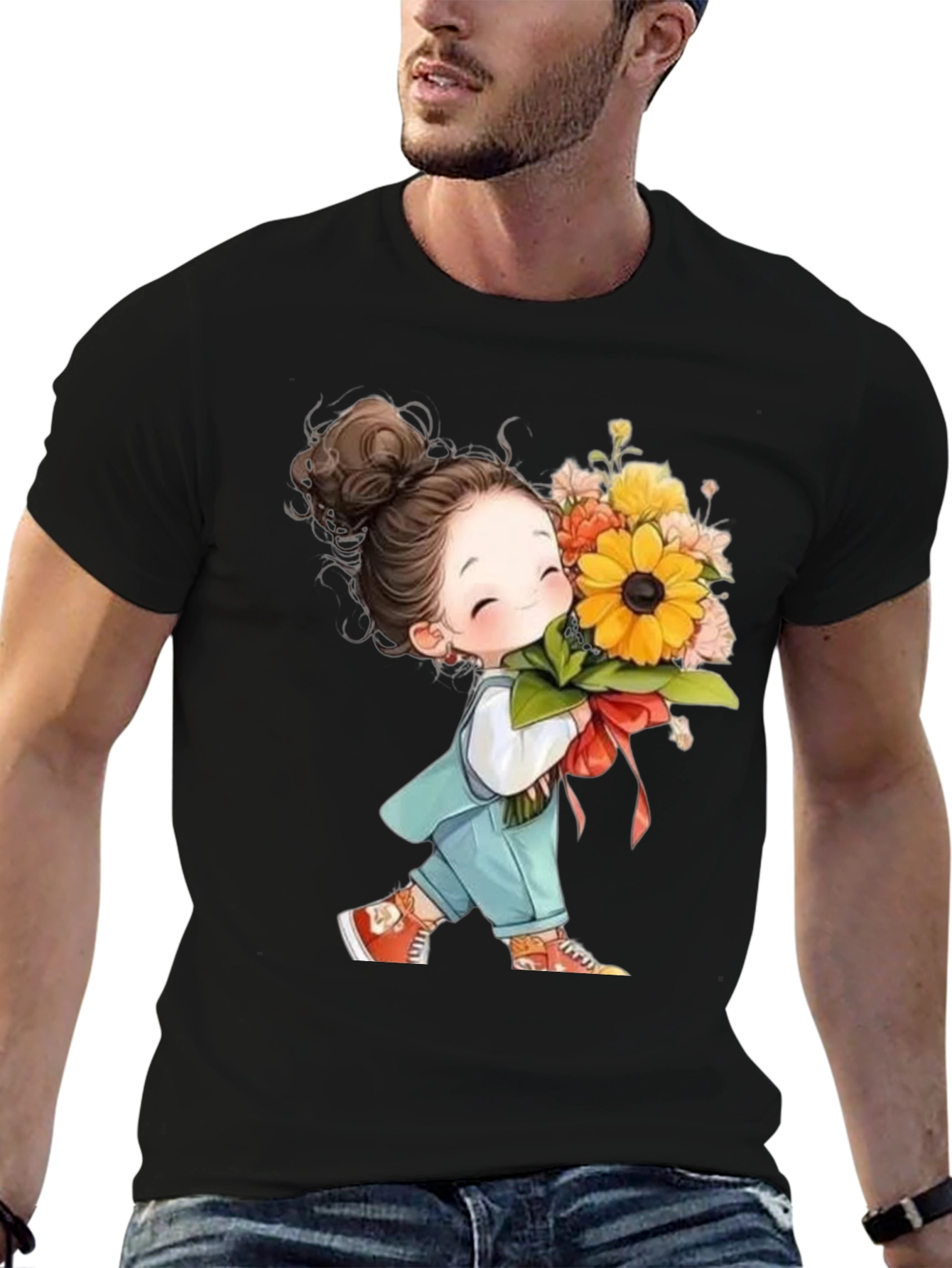 Cute Girl with Flowers Black T-Shirt