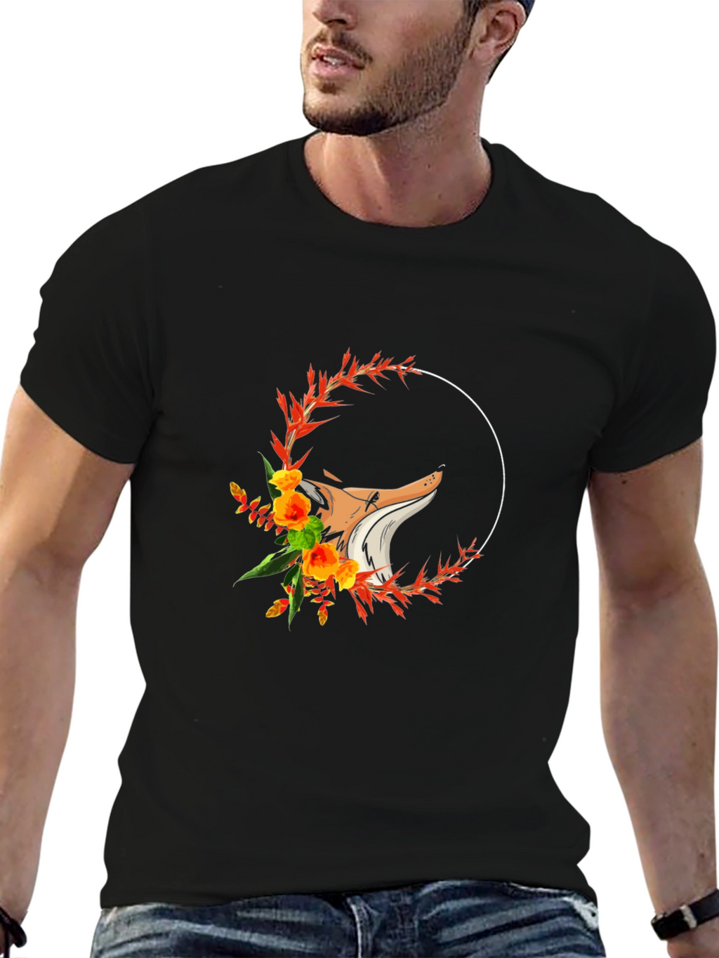 Floral Fox Graphic T-Shirt - Black