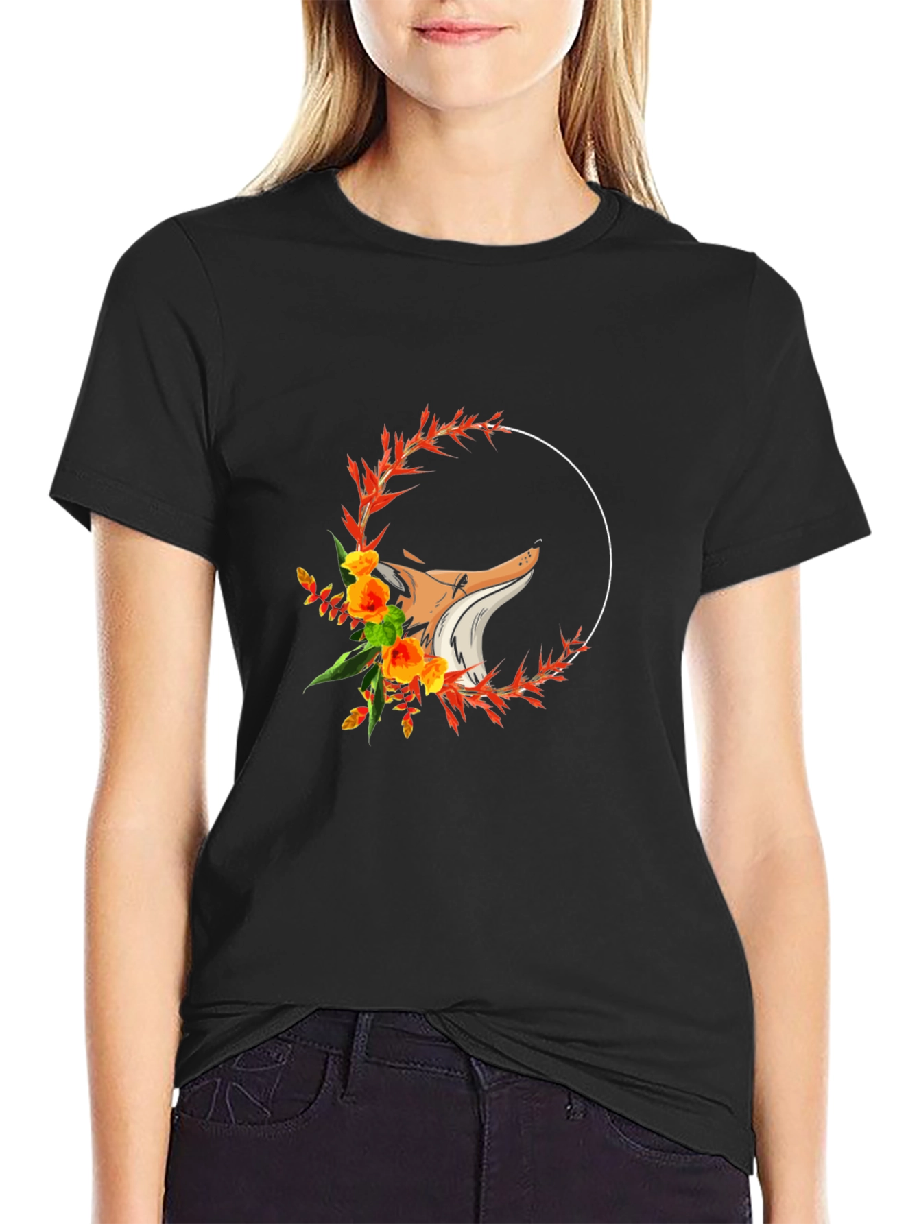 Floral Fox Graphic T-Shirt - Black