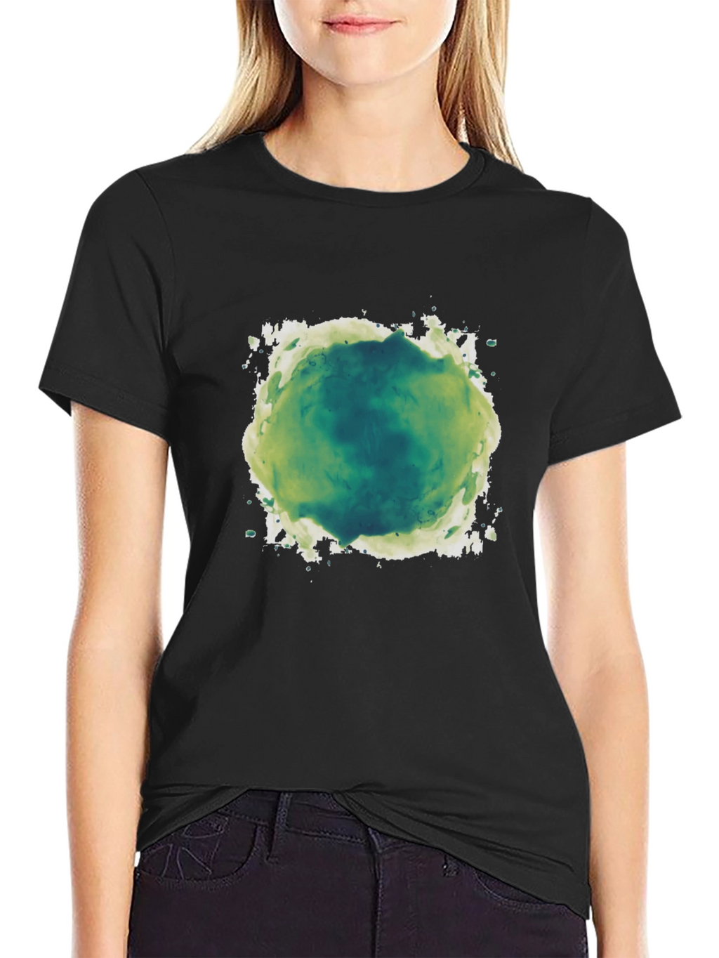 Abstract Green & White Graphic Print Black T-Shirt