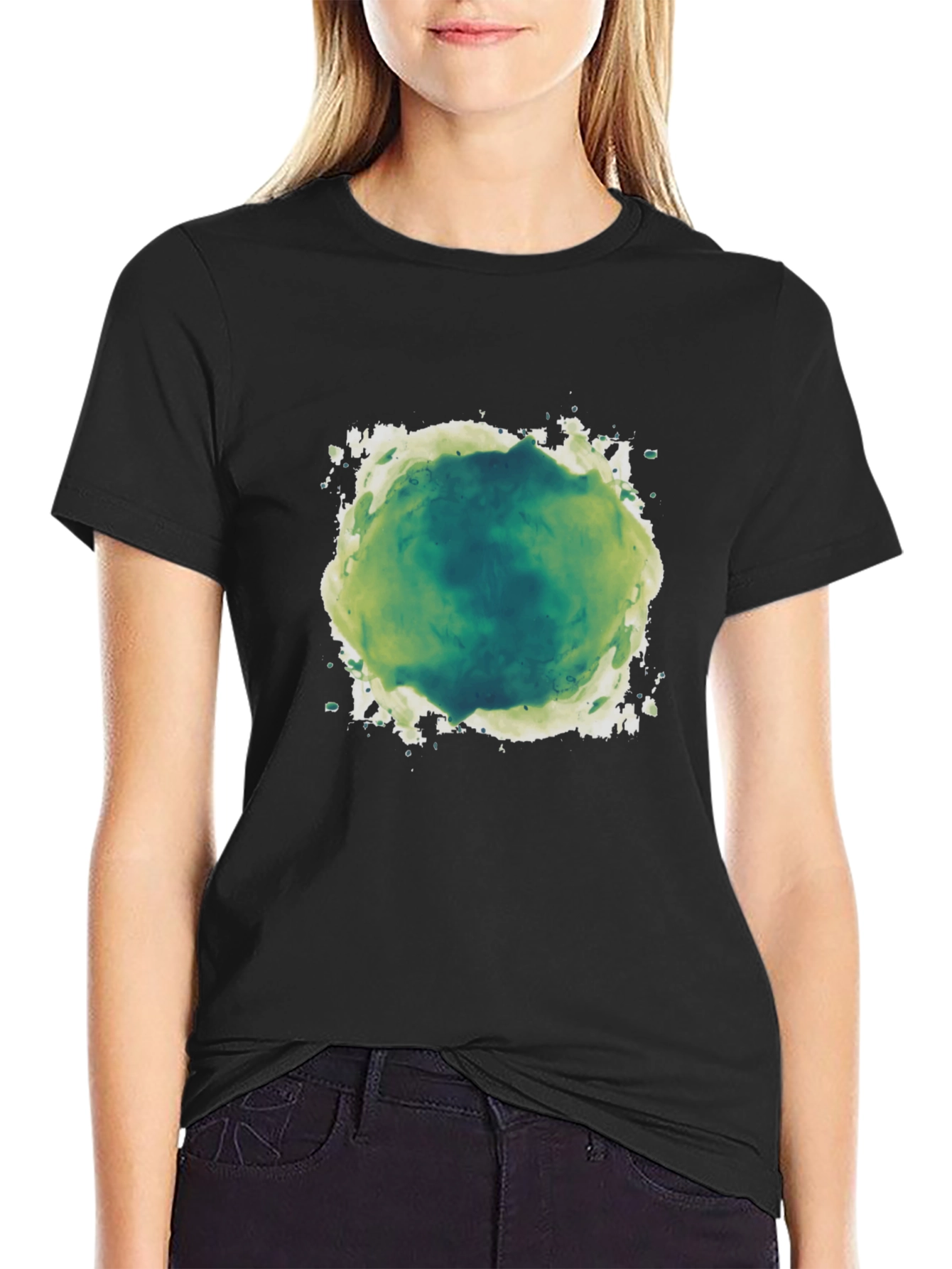 Abstract Green & White Graphic Print Black T-Shirt