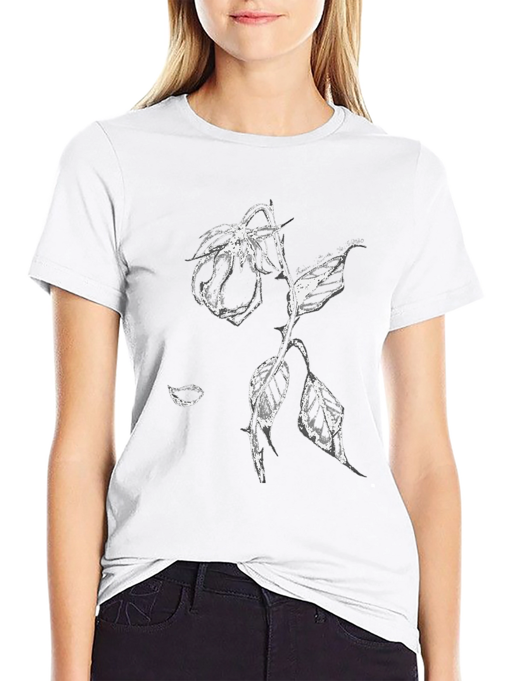 Black T-Shirt with White Rose Print