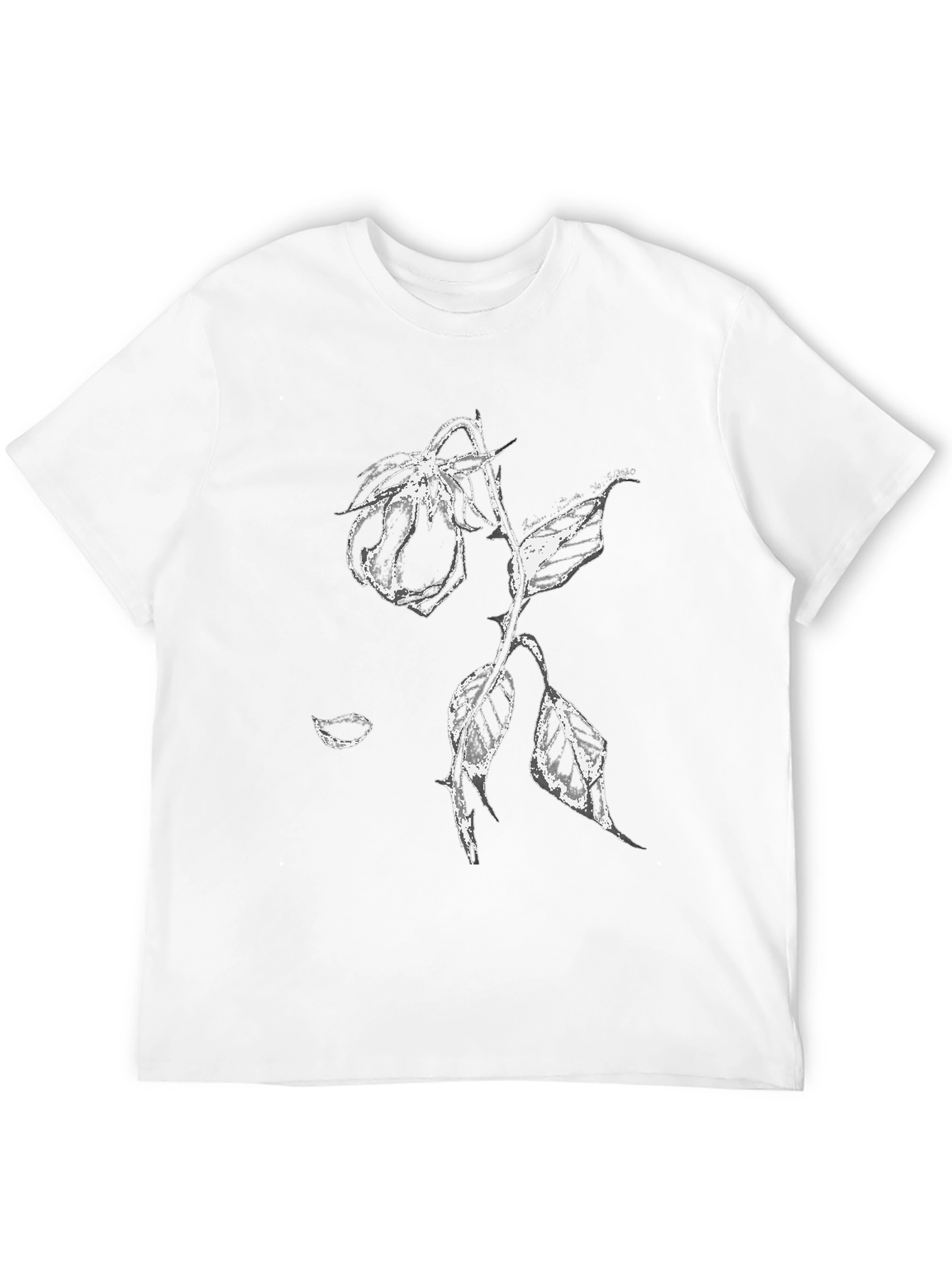 Black T-Shirt with White Rose Print