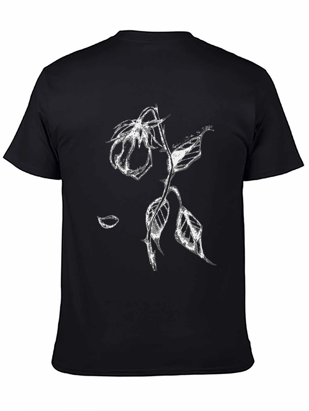 Black T-Shirt with White Rose Print