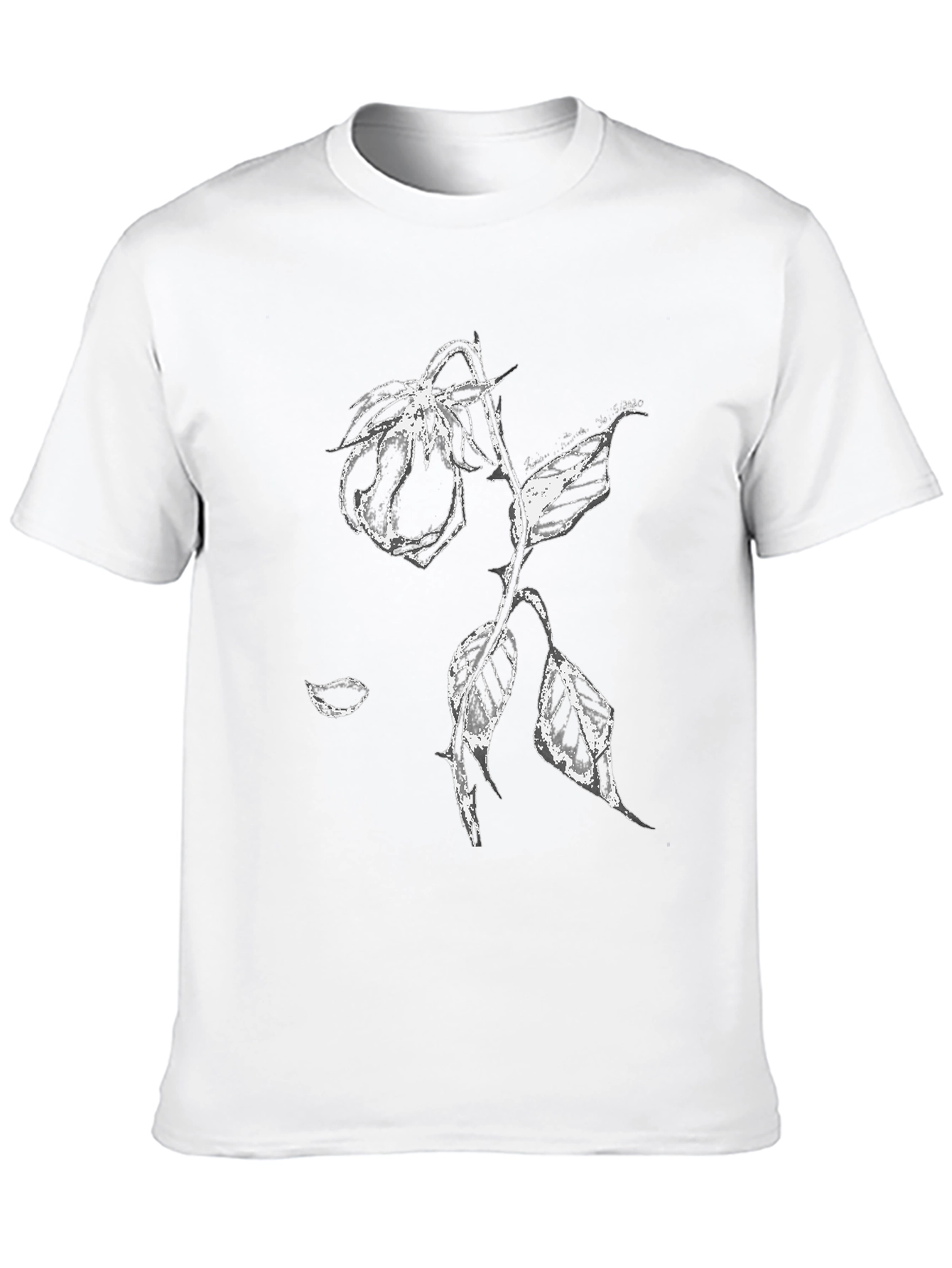 Black T-Shirt with White Rose Print