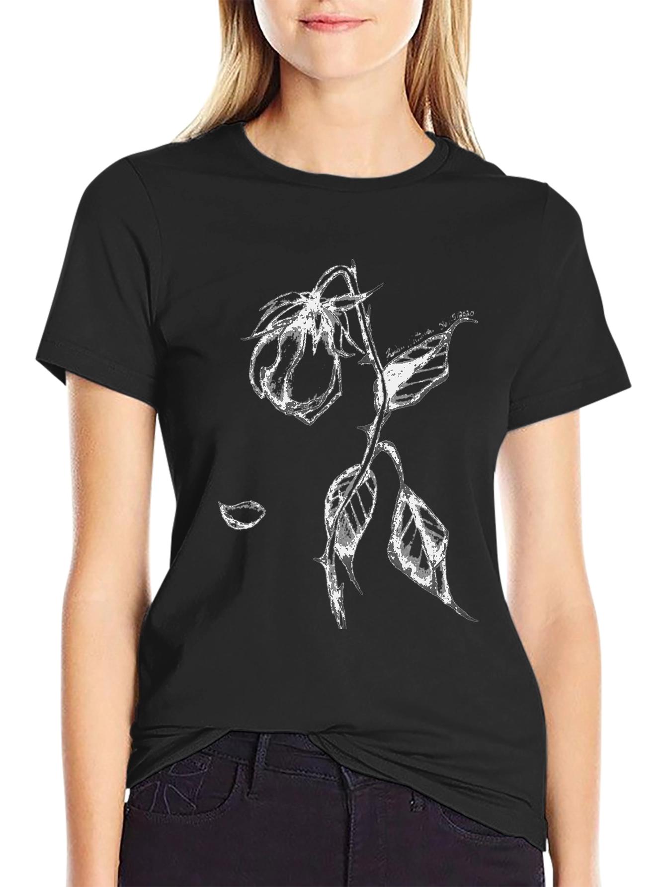 Black T-Shirt with White Rose Print