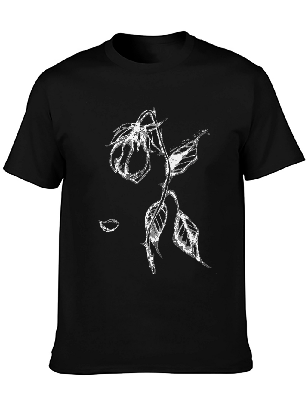 Black T-Shirt with White Rose Print