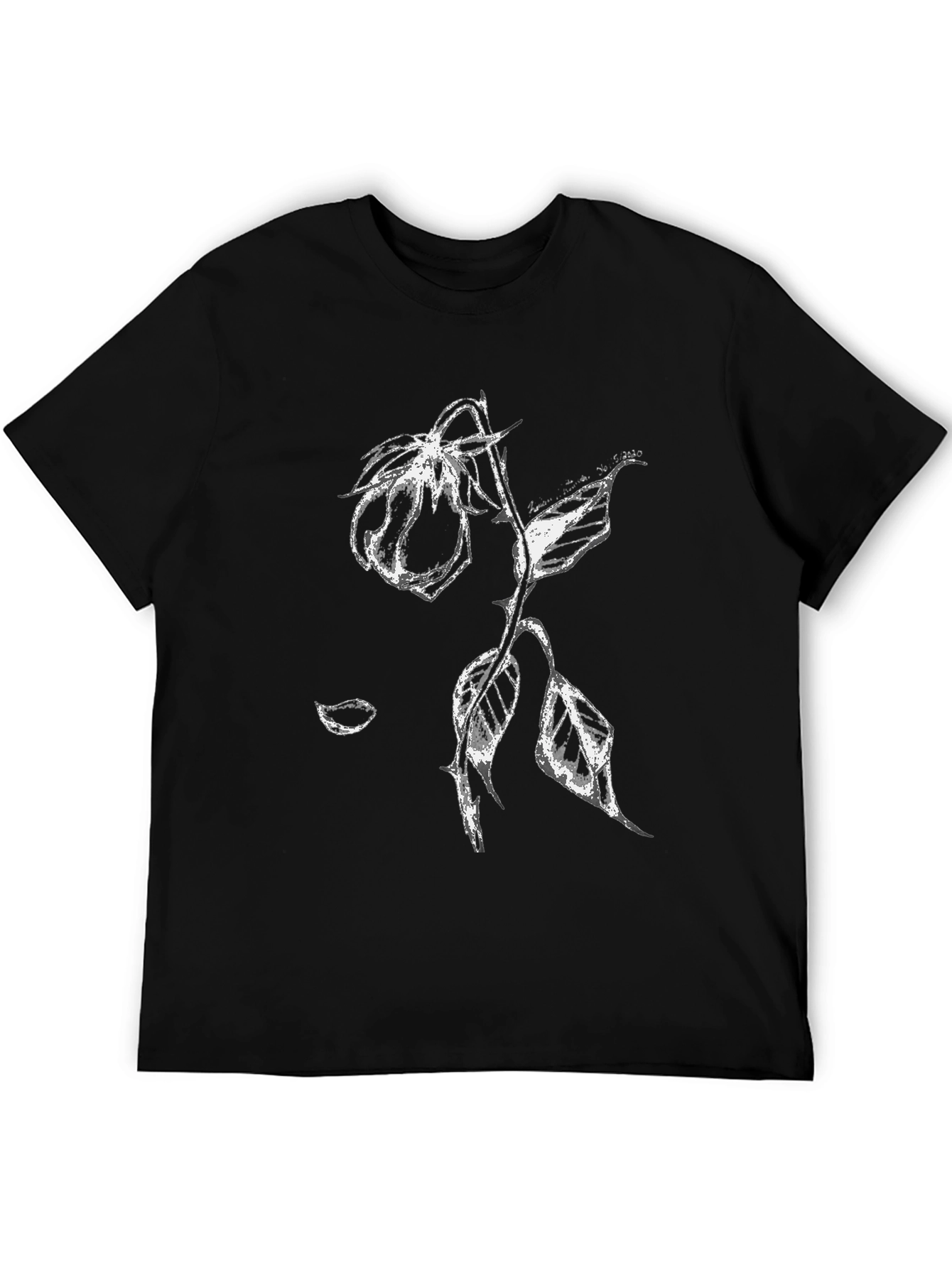 Black T-Shirt with White Rose Print