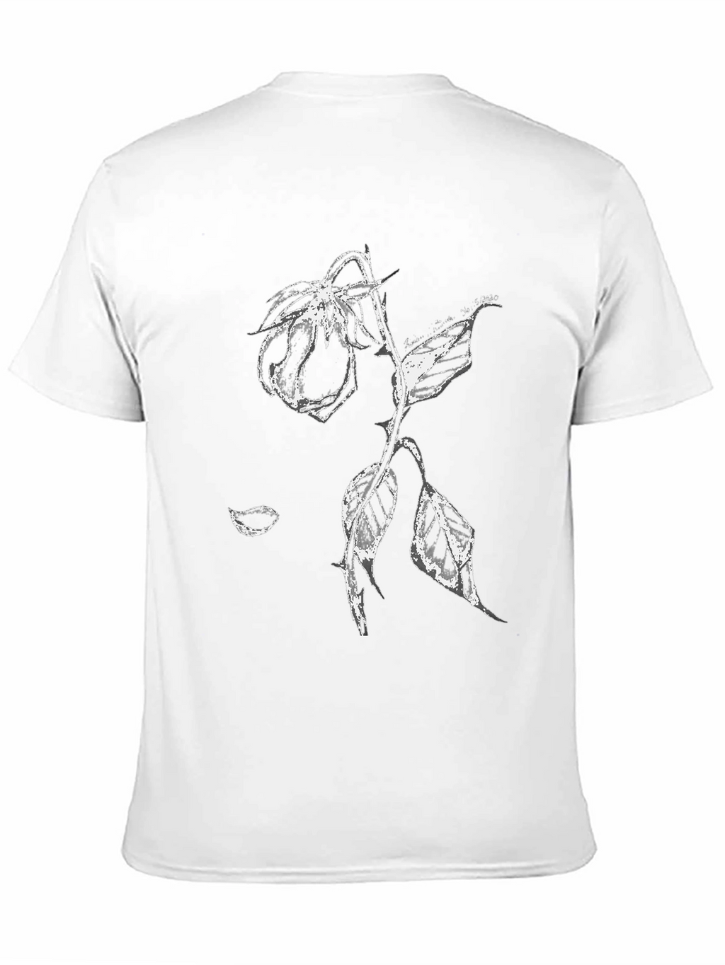 Black T-Shirt with White Rose Print