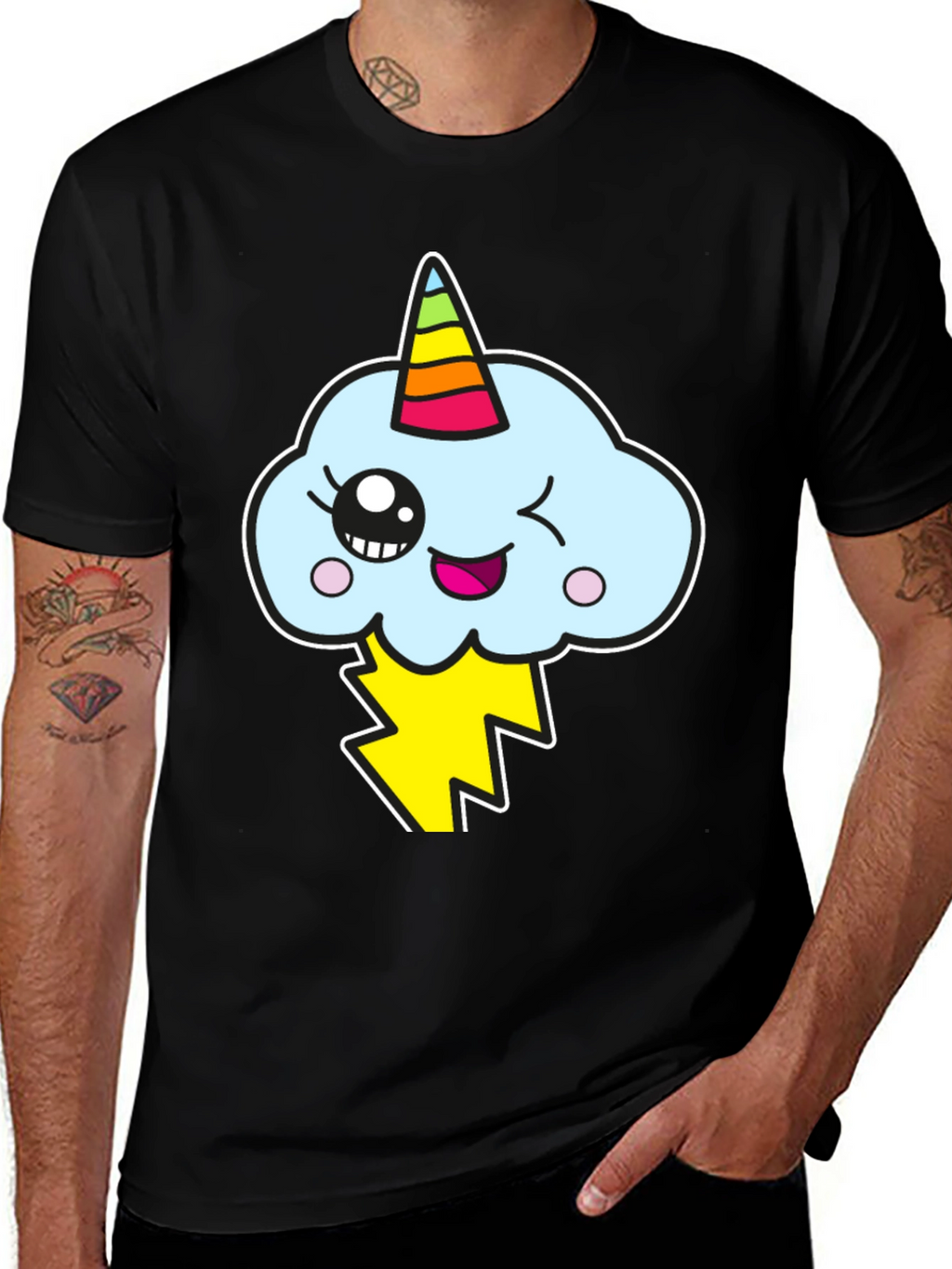 Kawaii Unicorn Cloud Mens Black T-Shirt