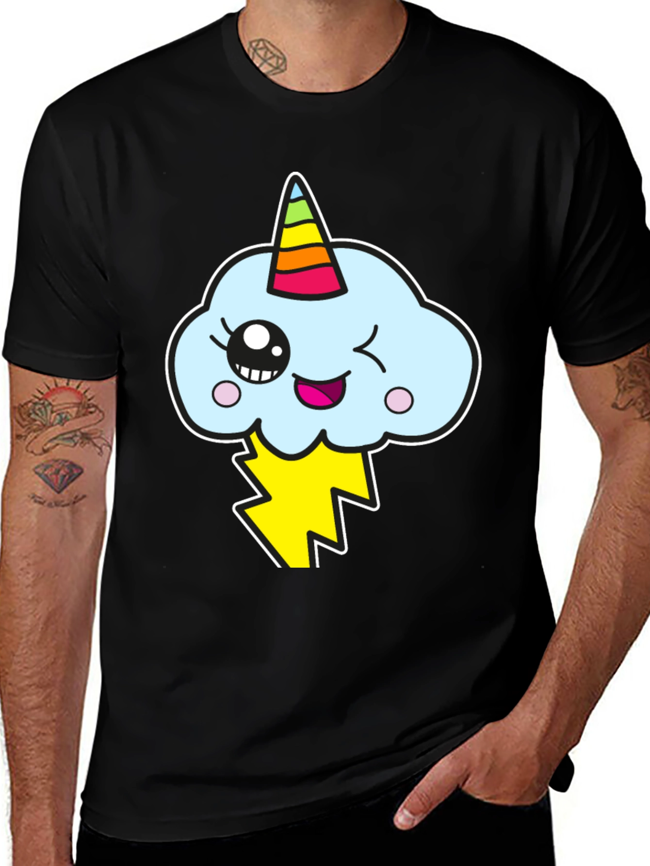 Kawaii Unicorn Cloud Mens Black T-Shirt