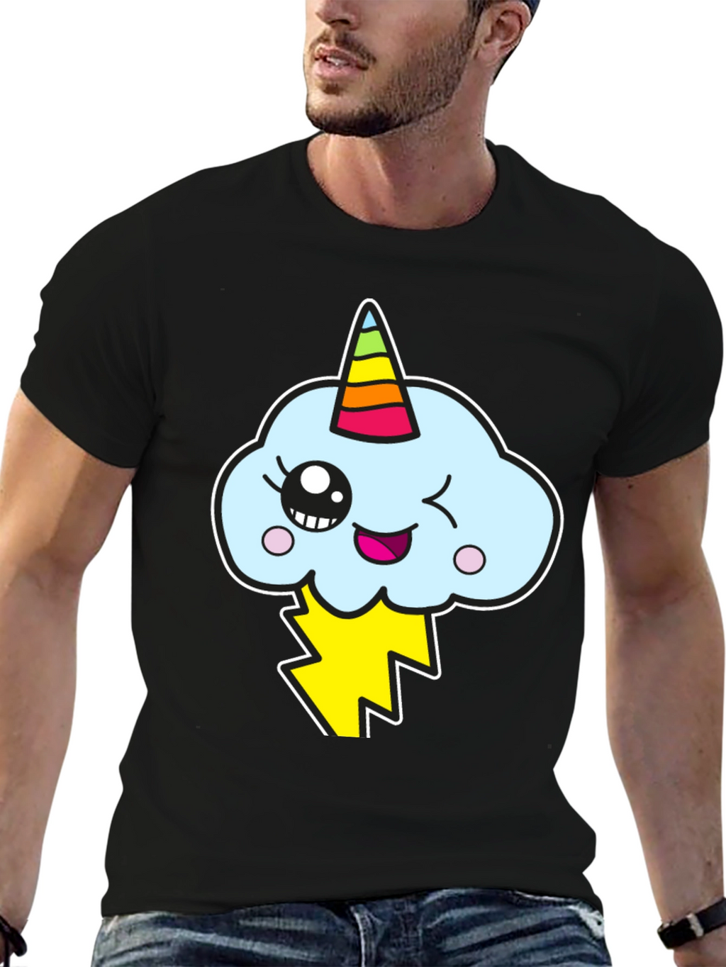 Kawaii Unicorn Cloud Mens Black T-Shirt