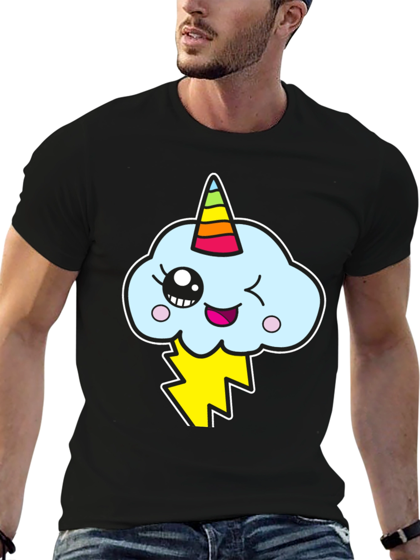 Kawaii Unicorn Cloud Mens Black T-Shirt