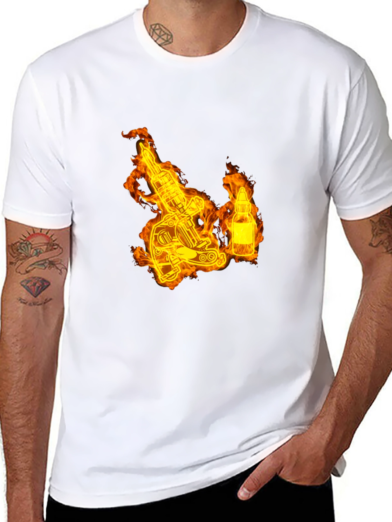 Flaming Tattoo Machine Graphic Tee - Black Cotton T-Shirt