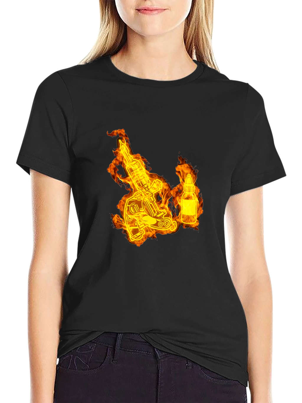 Flaming Tattoo Machine Graphic Tee - Black Cotton T-Shirt