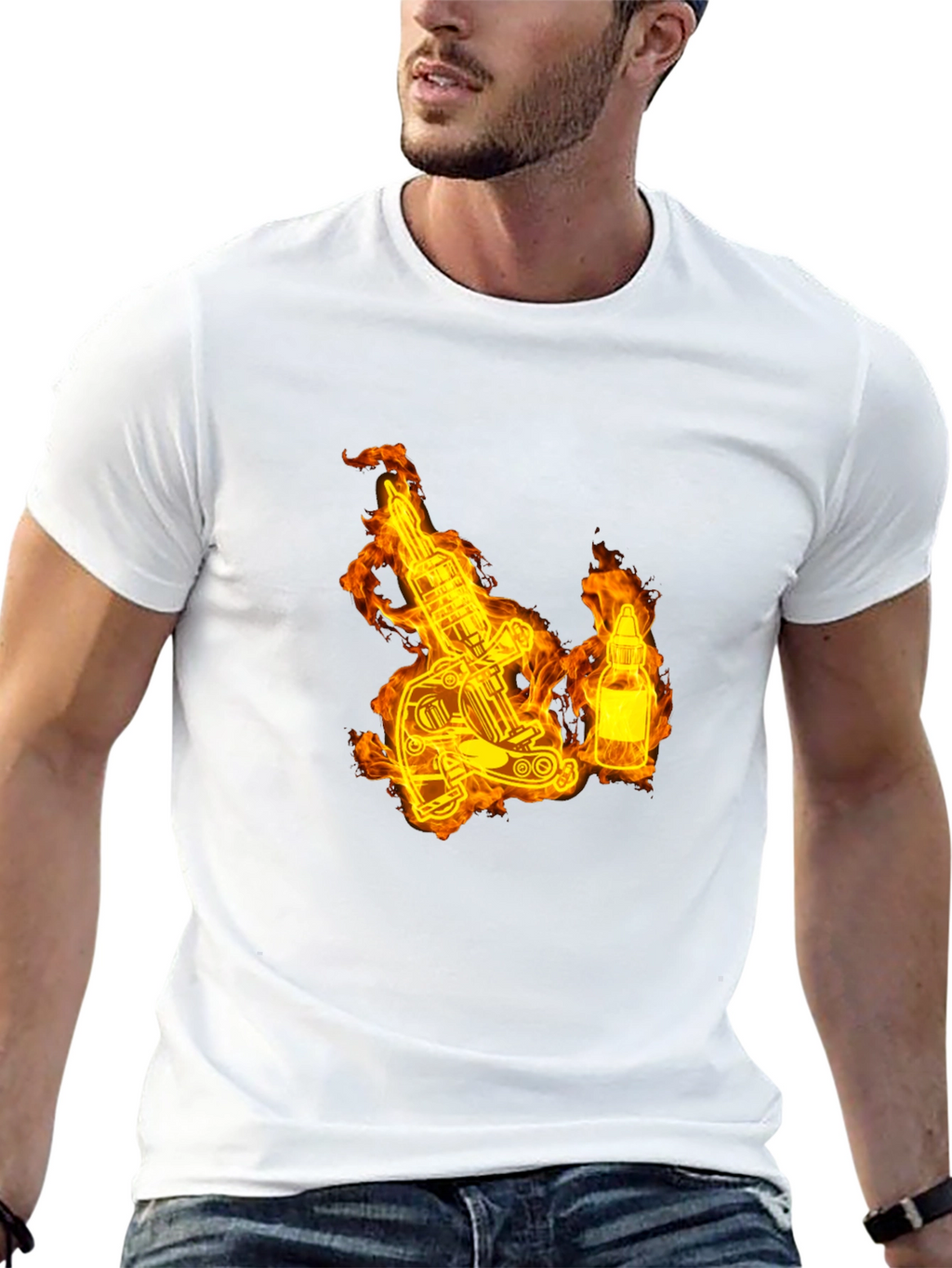 Flaming Tattoo Machine Graphic Tee - Black Cotton T-Shirt