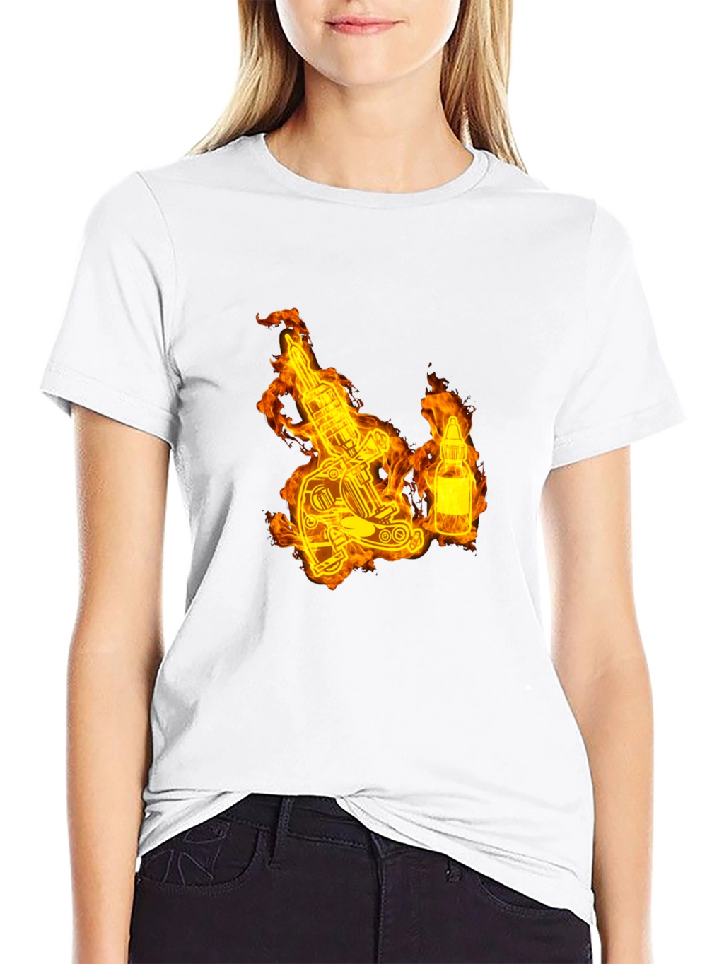 Flaming Tattoo Machine Graphic Tee - Black Cotton T-Shirt