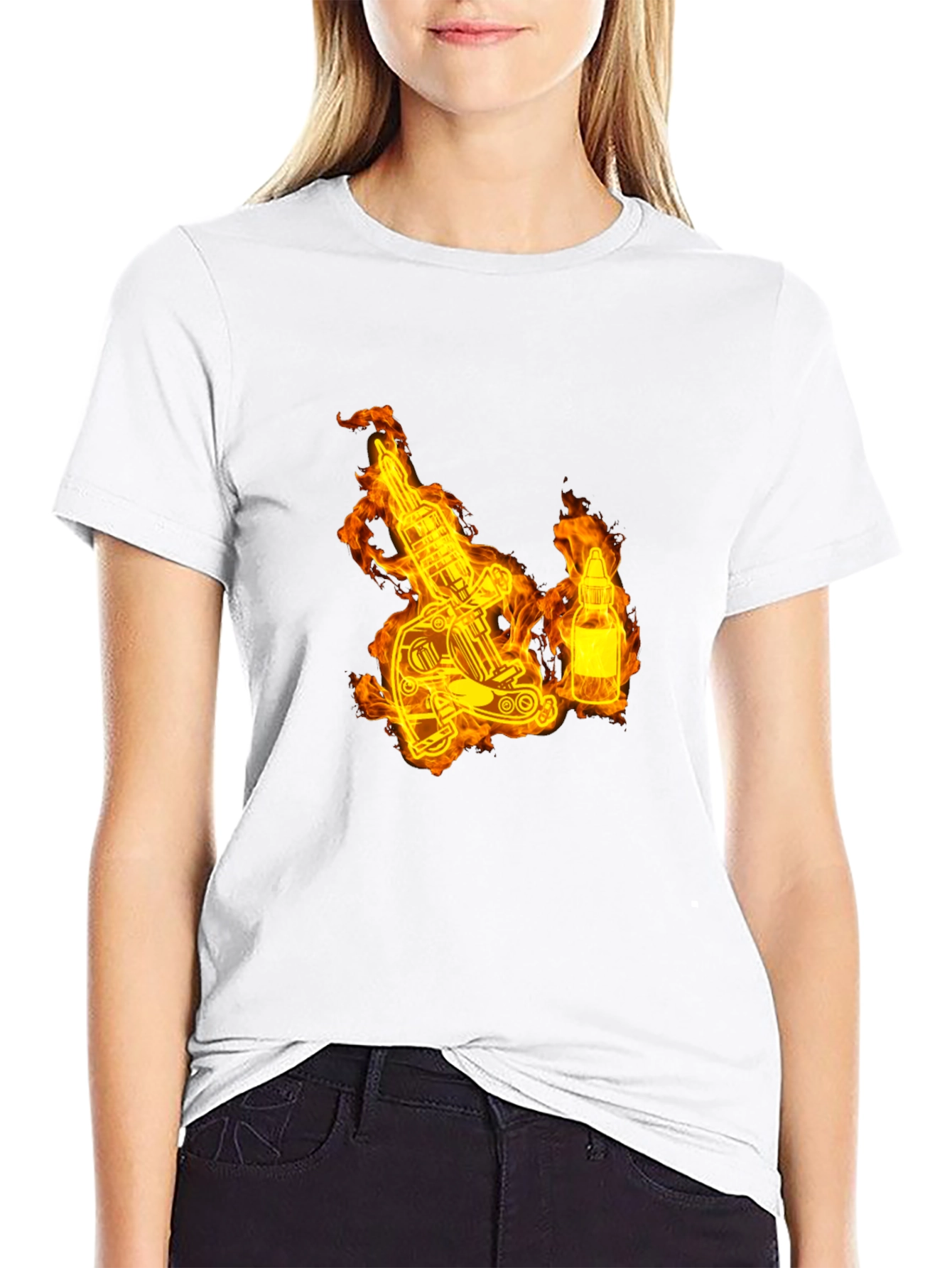 Flaming Tattoo Machine Graphic Tee - Black Cotton T-Shirt