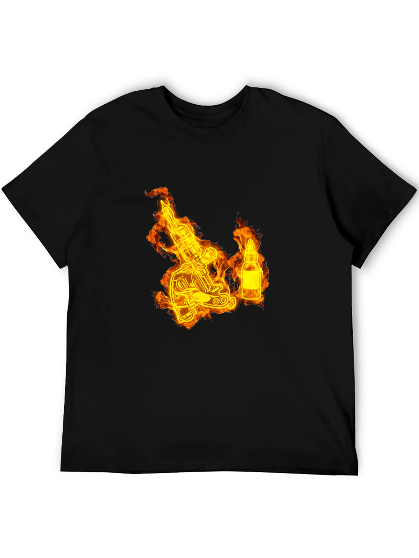 Flaming Tattoo Machine Graphic Tee - Black Cotton T-Shirt