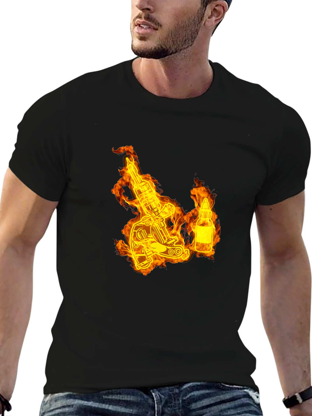 Flaming Tattoo Machine Graphic Tee - Black Cotton T-Shirt