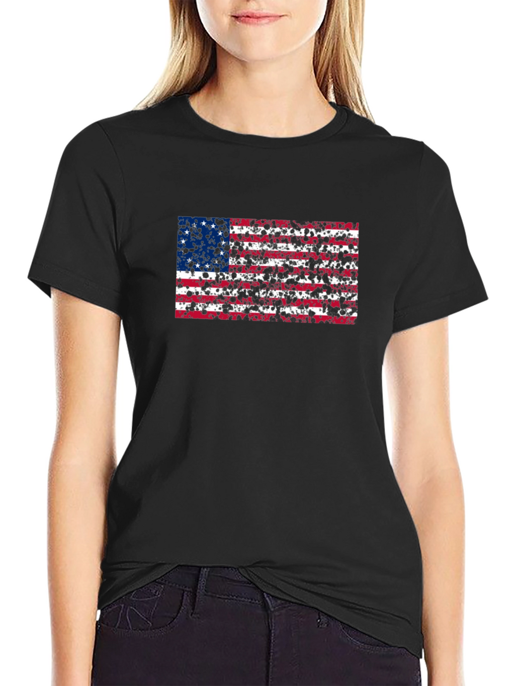 Distressed American Flag Graphic Tee - Black