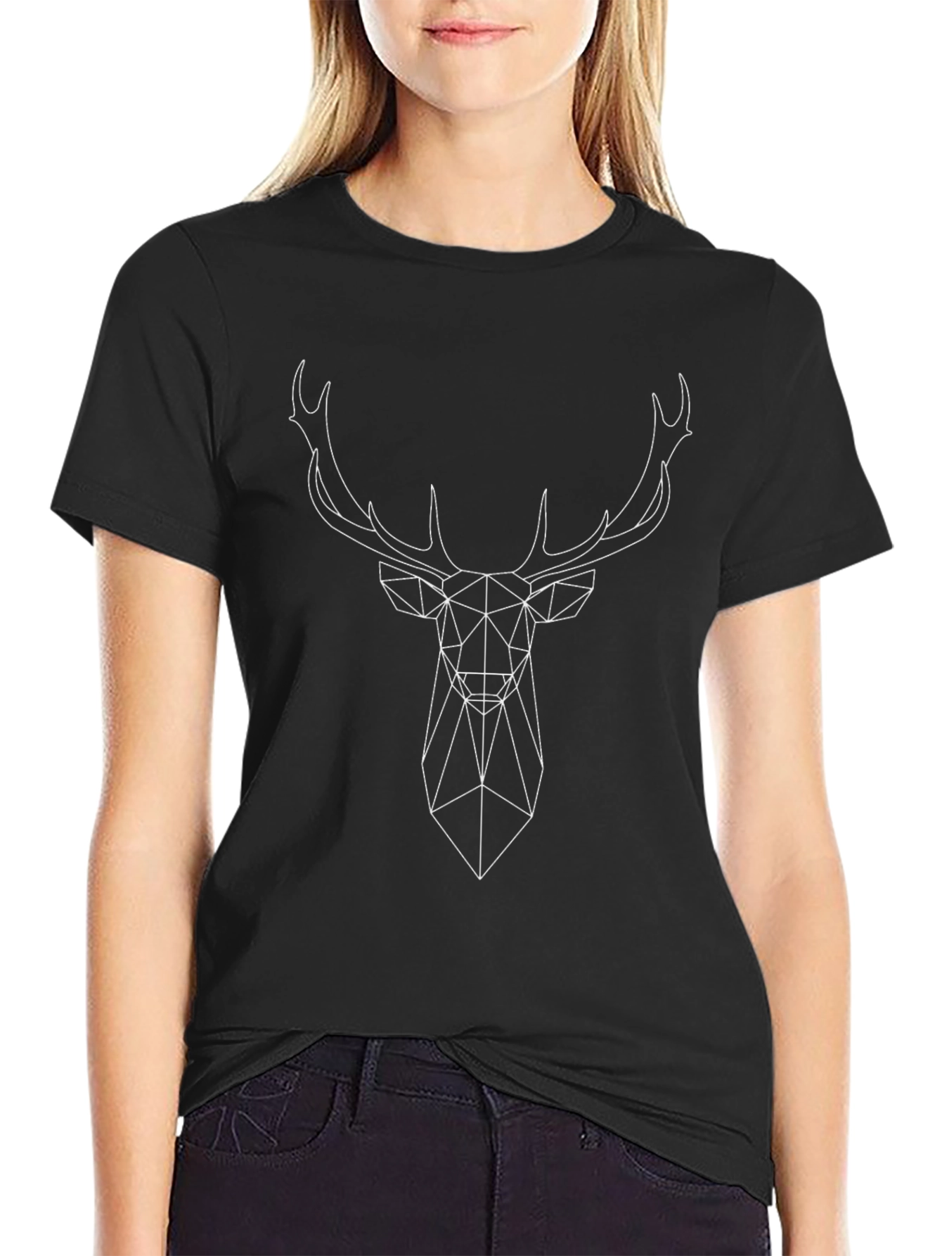 Geometric Deer Head Graphic Tee - Black