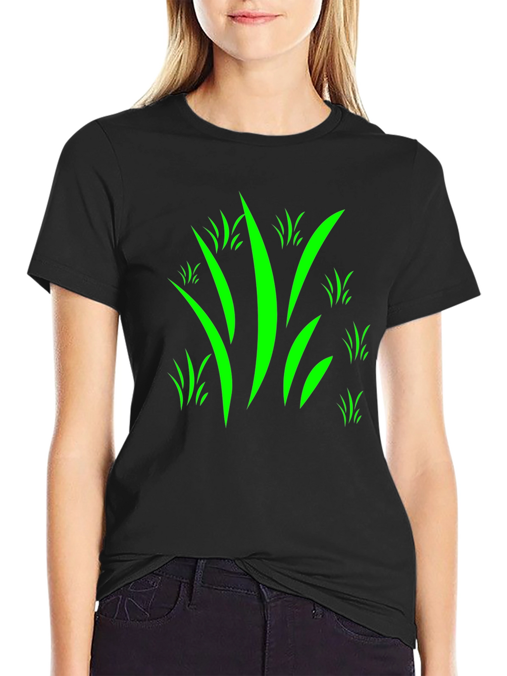 Mens Black T-Shirt with Green Grass Design