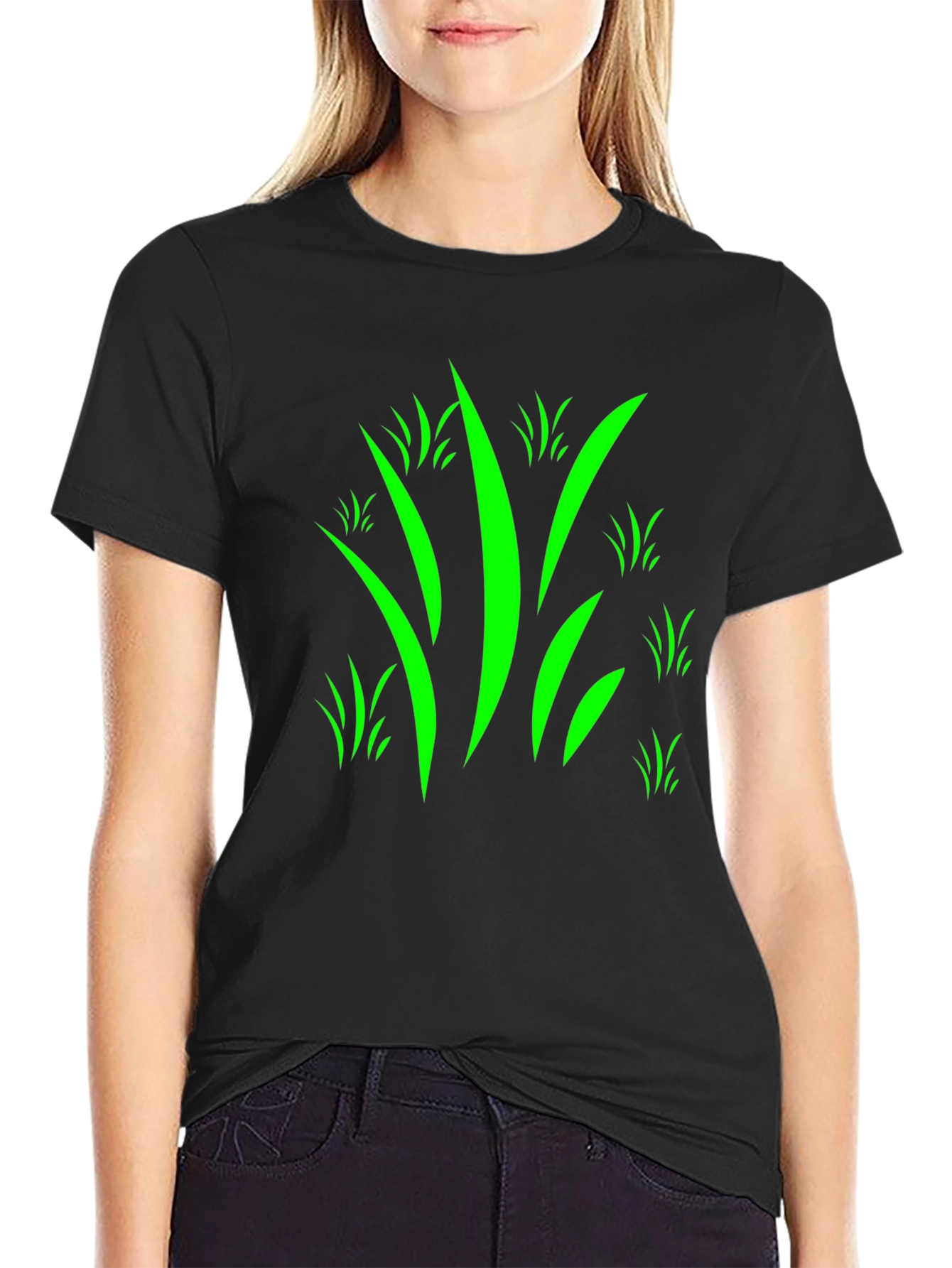 Mens Black T-Shirt with Green Grass Design