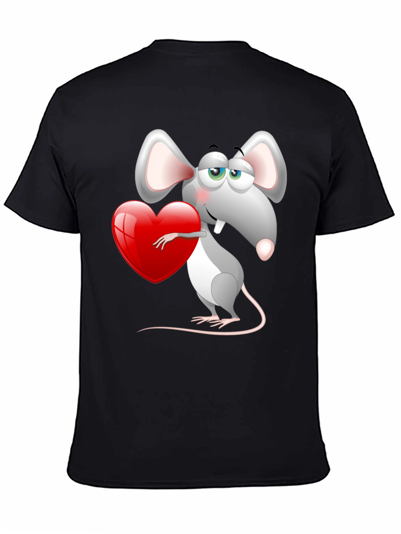Cute Mouse with Heart Graphic Tee - Black