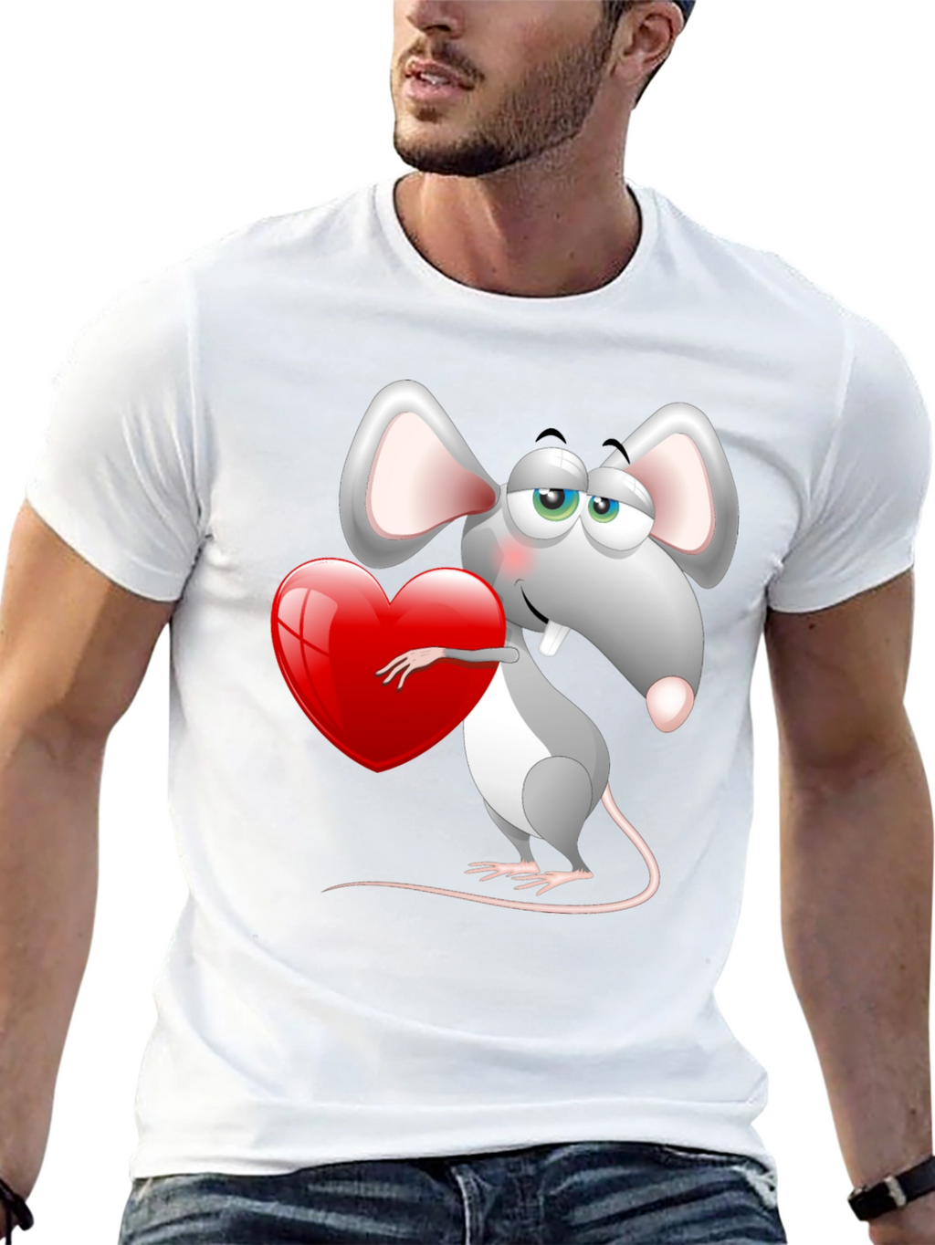 Cute Mouse with Heart Graphic Tee - Black