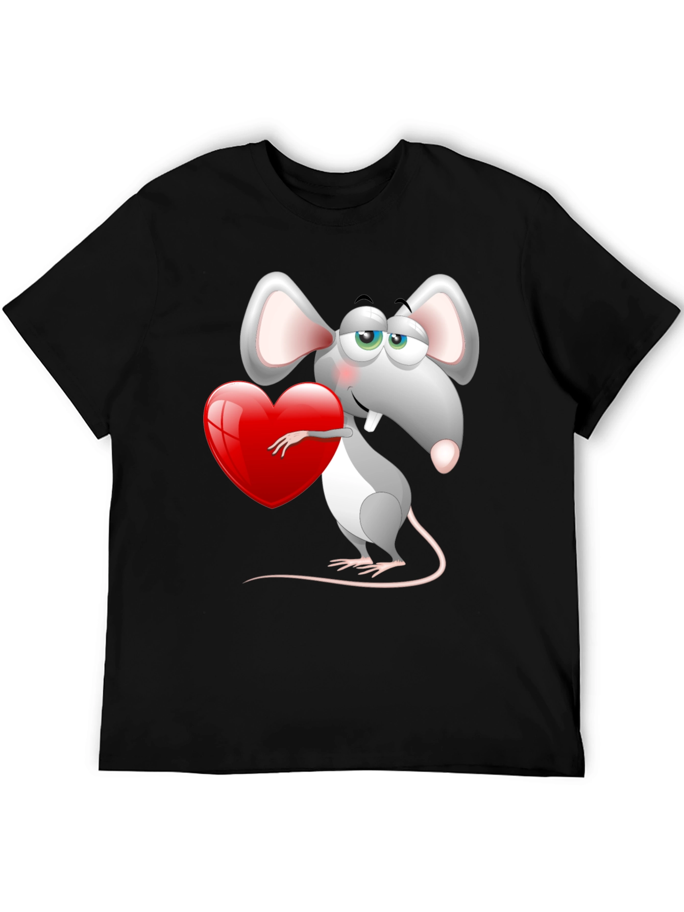 Cute Mouse with Heart Graphic Tee - Black