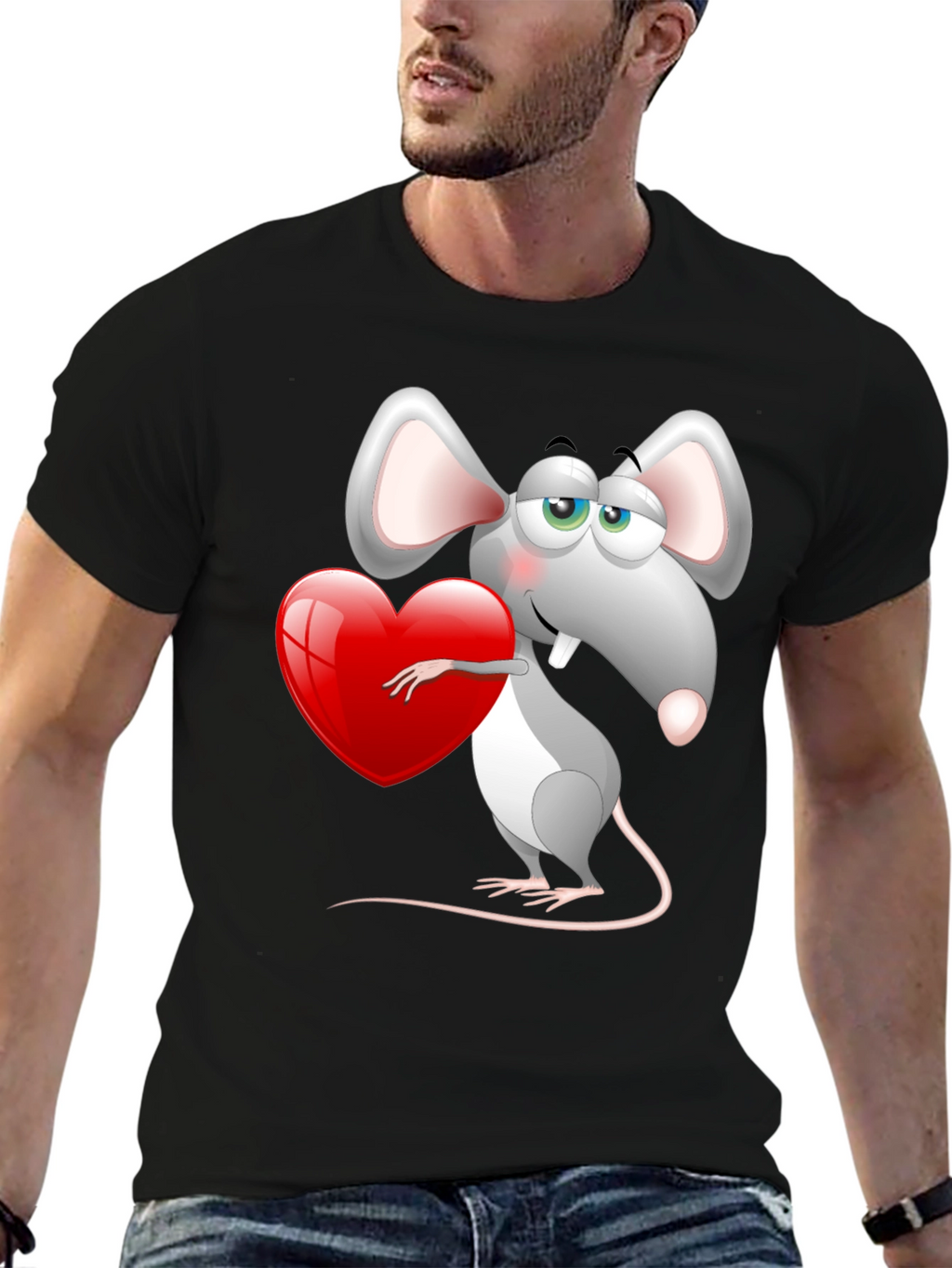 Cute Mouse with Heart Graphic Tee - Black
