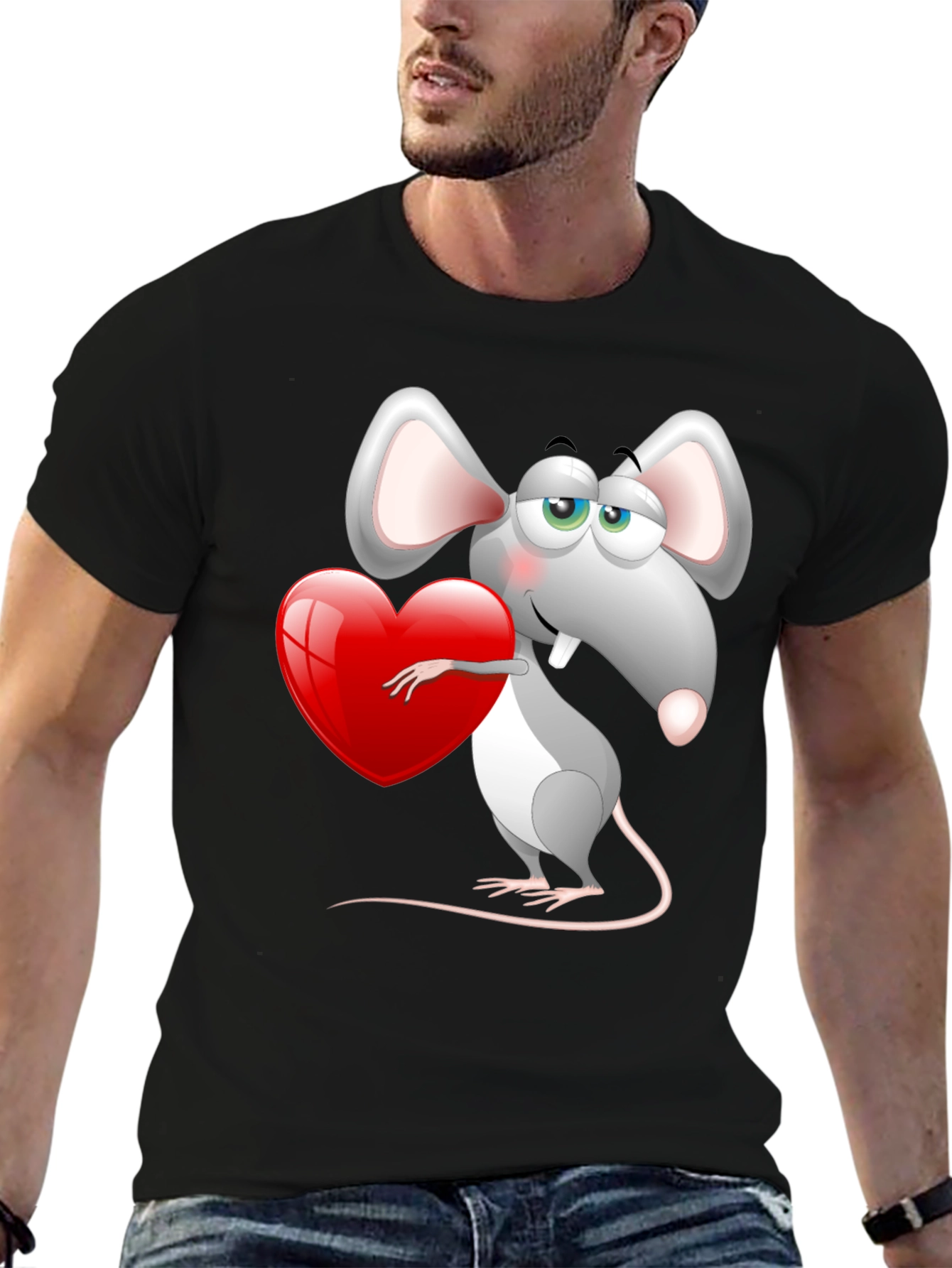 Cute Mouse with Heart Graphic Tee - Black