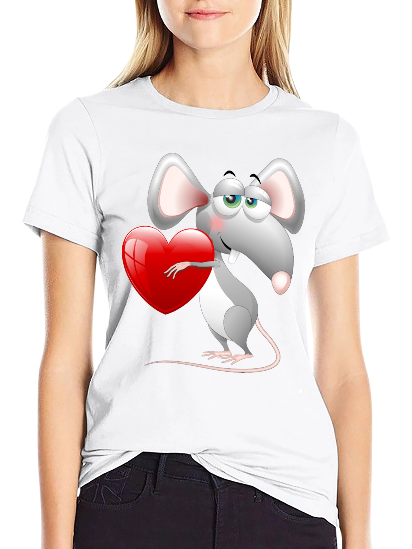 Cute Mouse with Heart Graphic Tee - Black