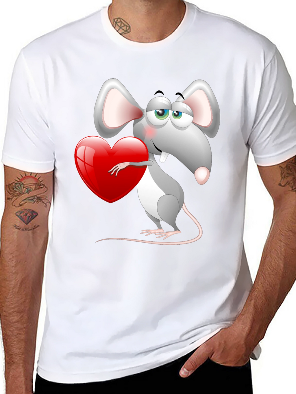 Cute Mouse with Heart Graphic Tee - Black