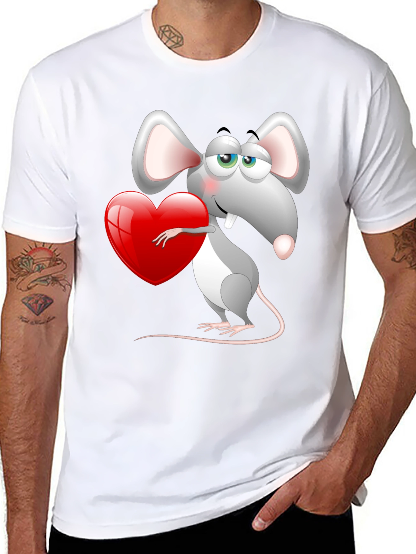 Cute Mouse with Heart Graphic Tee - Black
