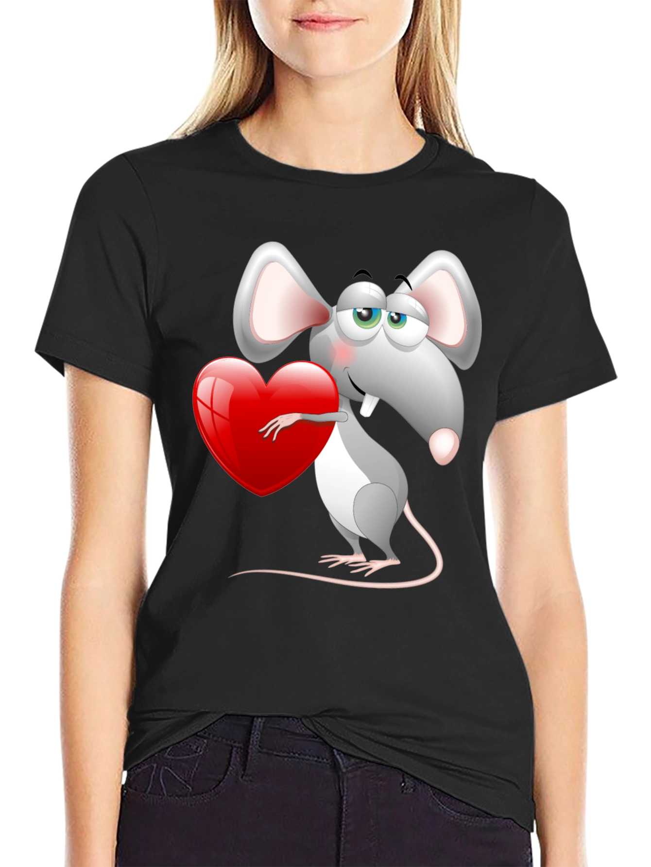 Cute Mouse with Heart Graphic Tee - Black