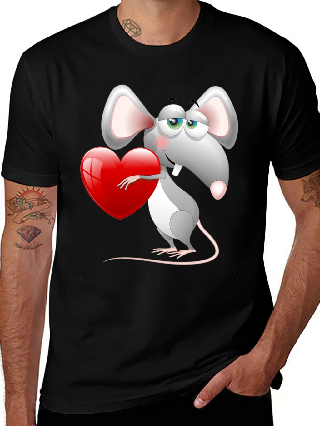 Cute Mouse with Heart Graphic Tee - Black