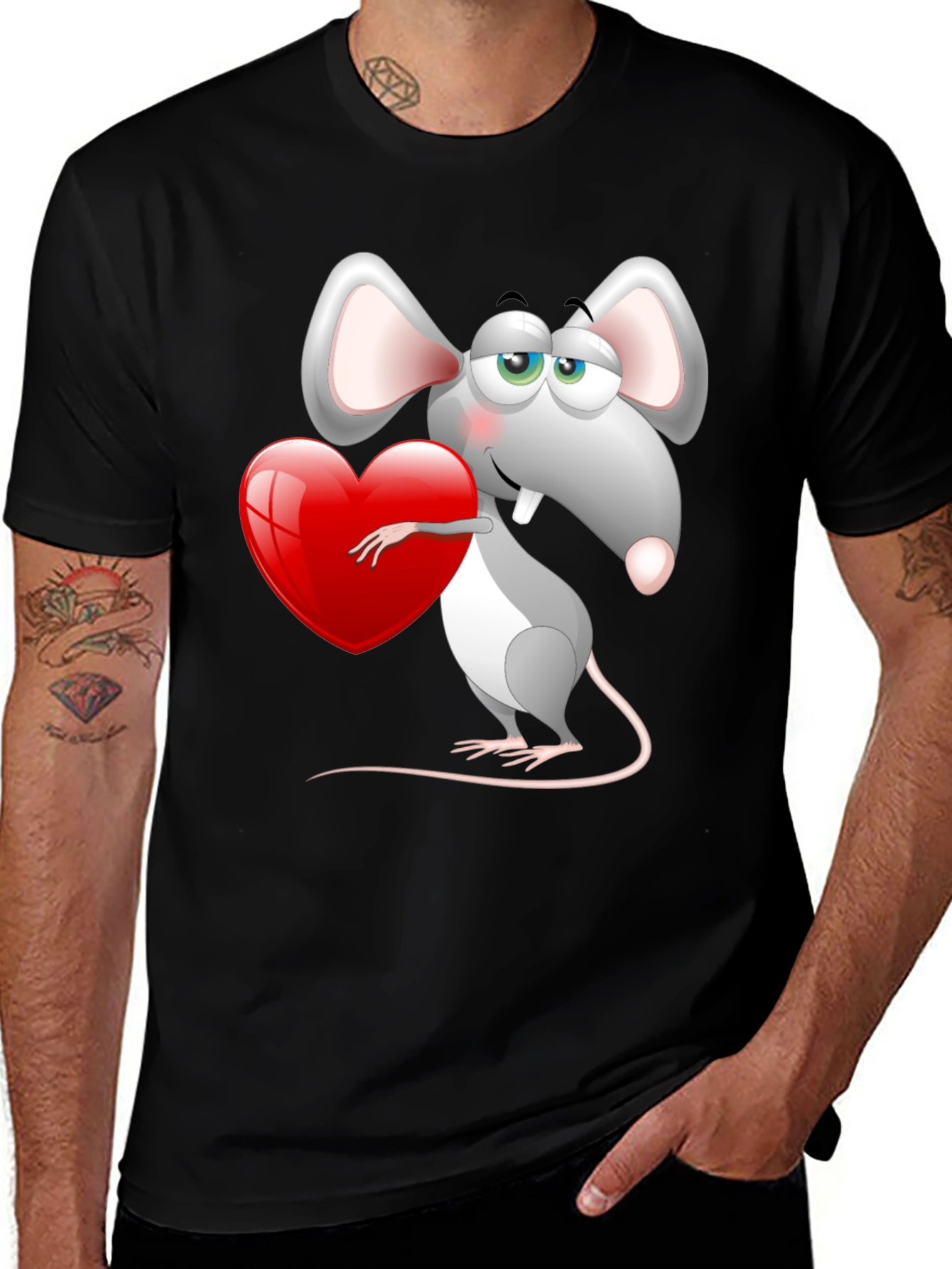 Cute Mouse with Heart Graphic Tee - Black