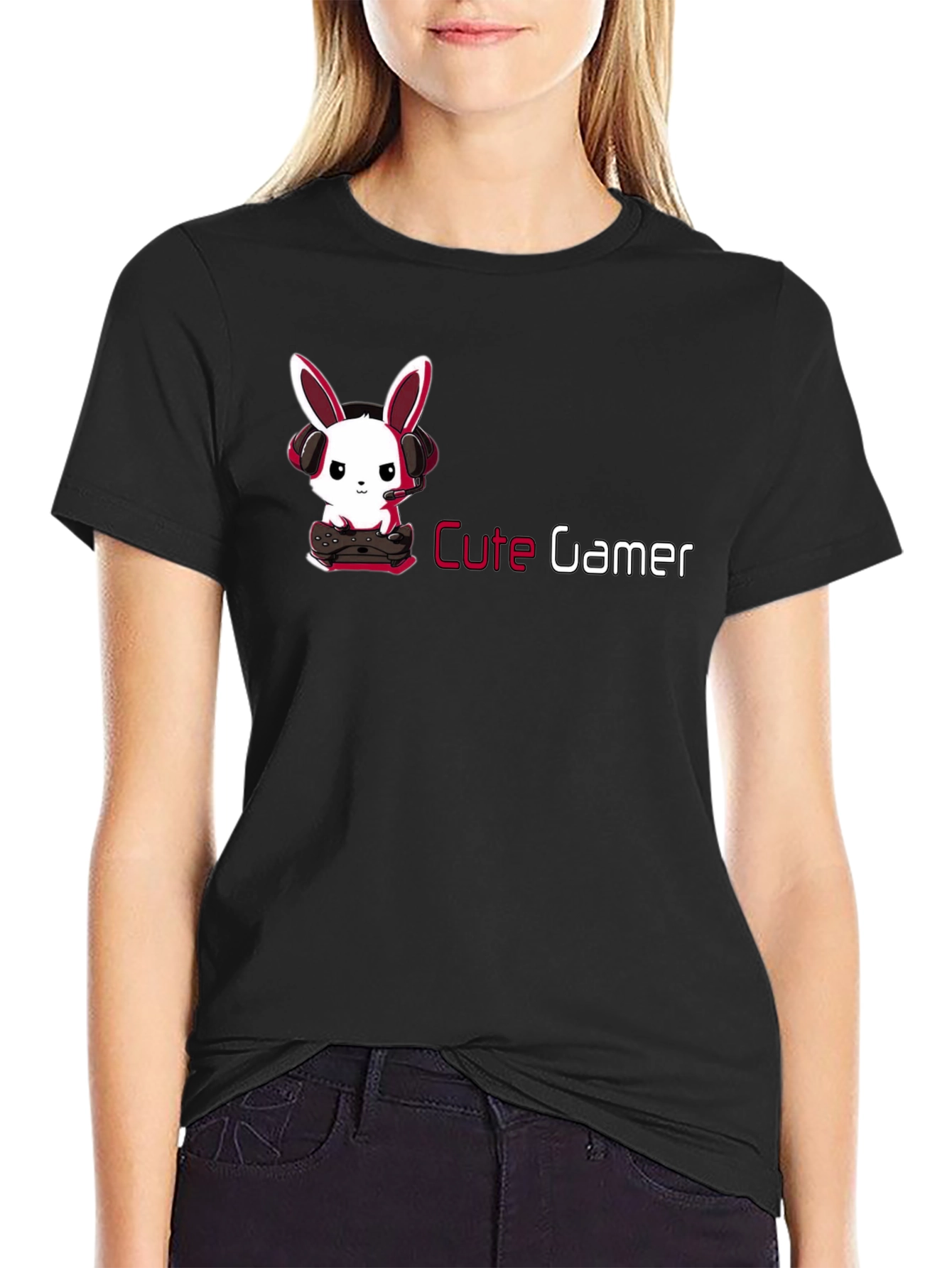 Cute Gamer Bunny T-Shirt - Black Cotton Tee