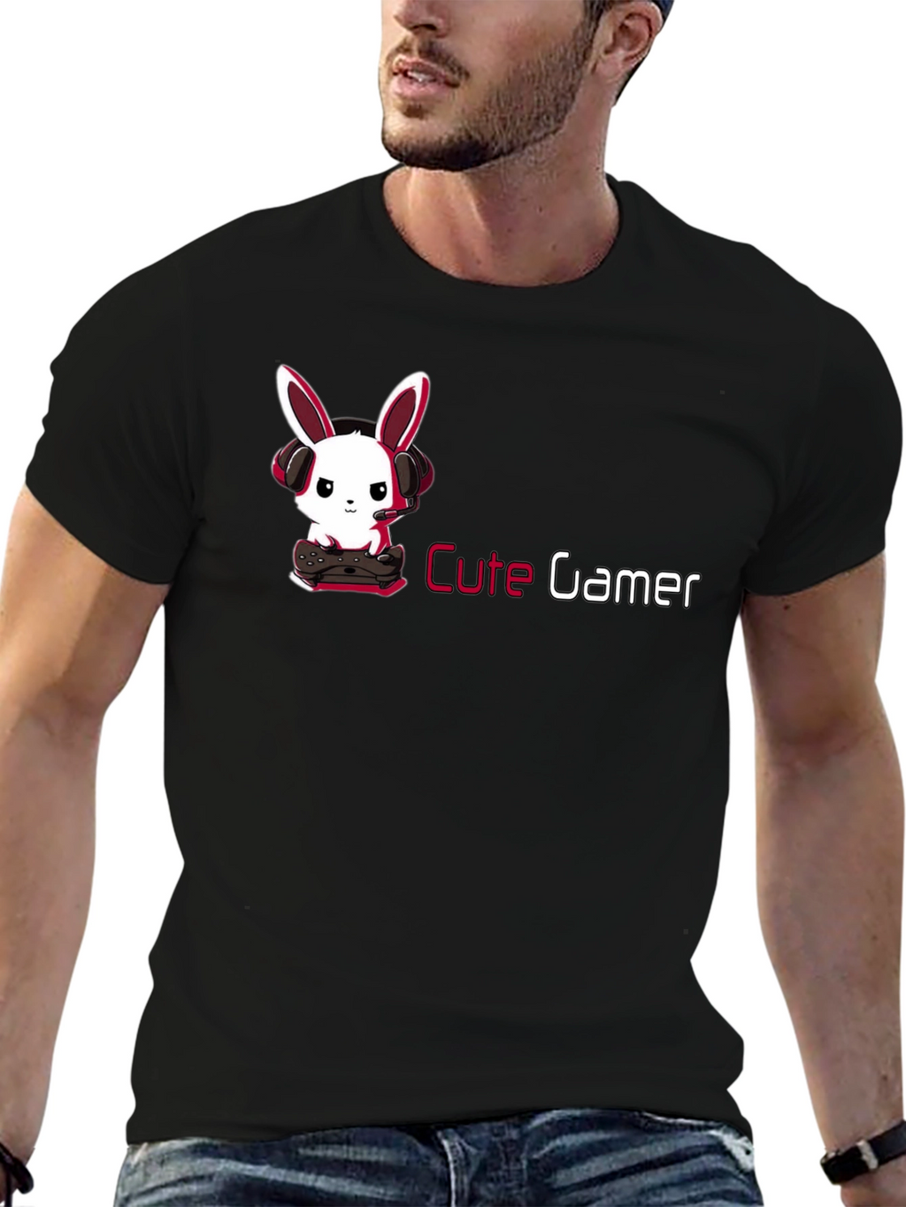 Cute Gamer Bunny T-Shirt - Black Cotton Tee