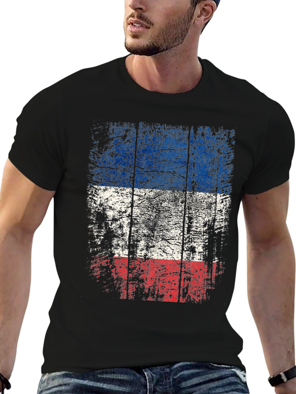Distressed Flag Graphic Tee - Mens Casual Black T-Shirt