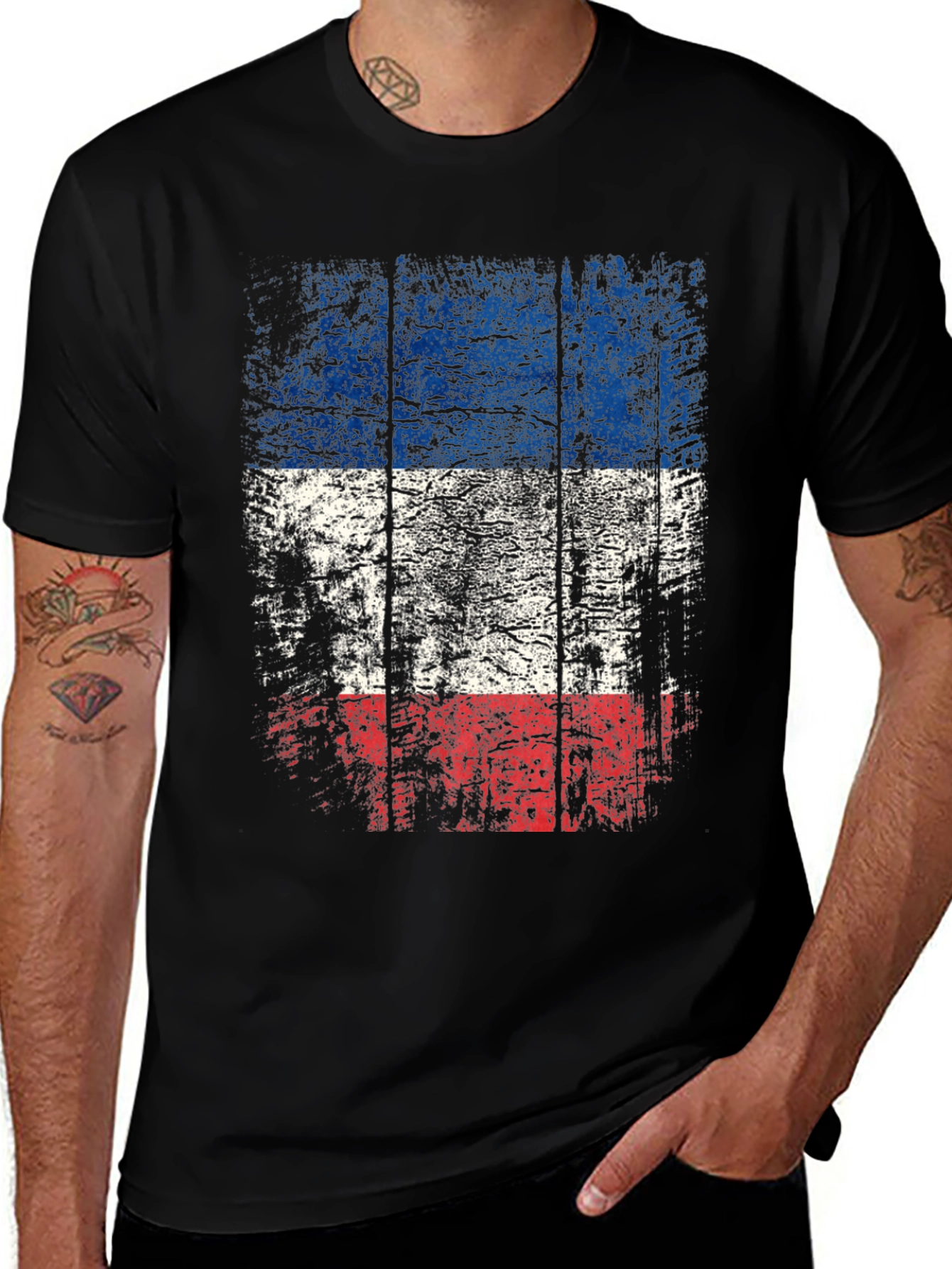 Distressed Flag Graphic Tee - Mens Casual Black T-Shirt