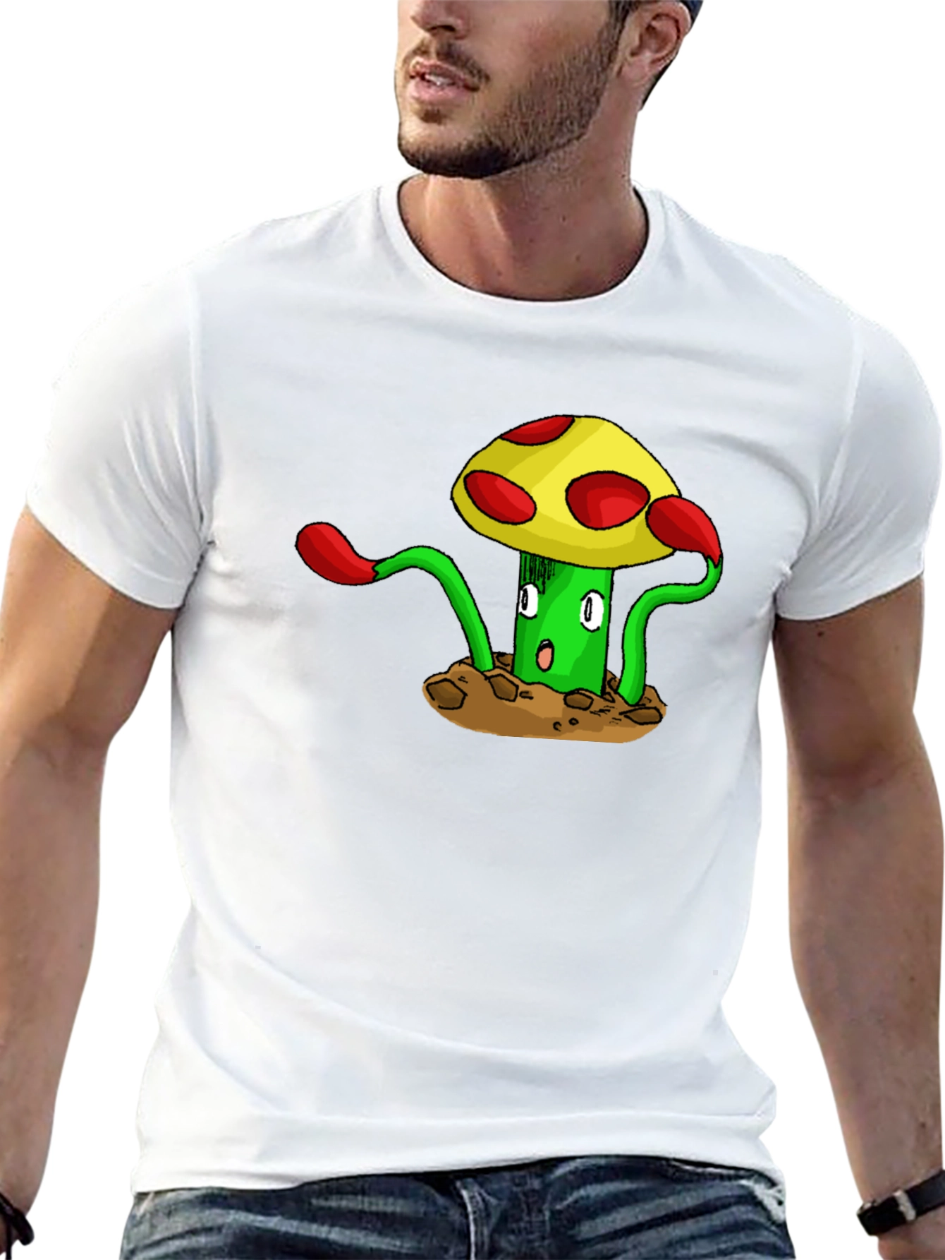 Funky Mushroom Graphic Tee - Black Cotton T-Shirt