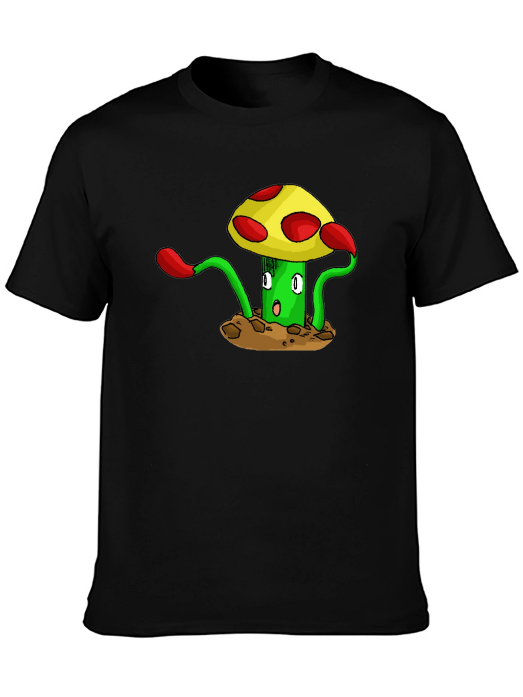 Funky Mushroom Graphic Tee - Black Cotton T-Shirt