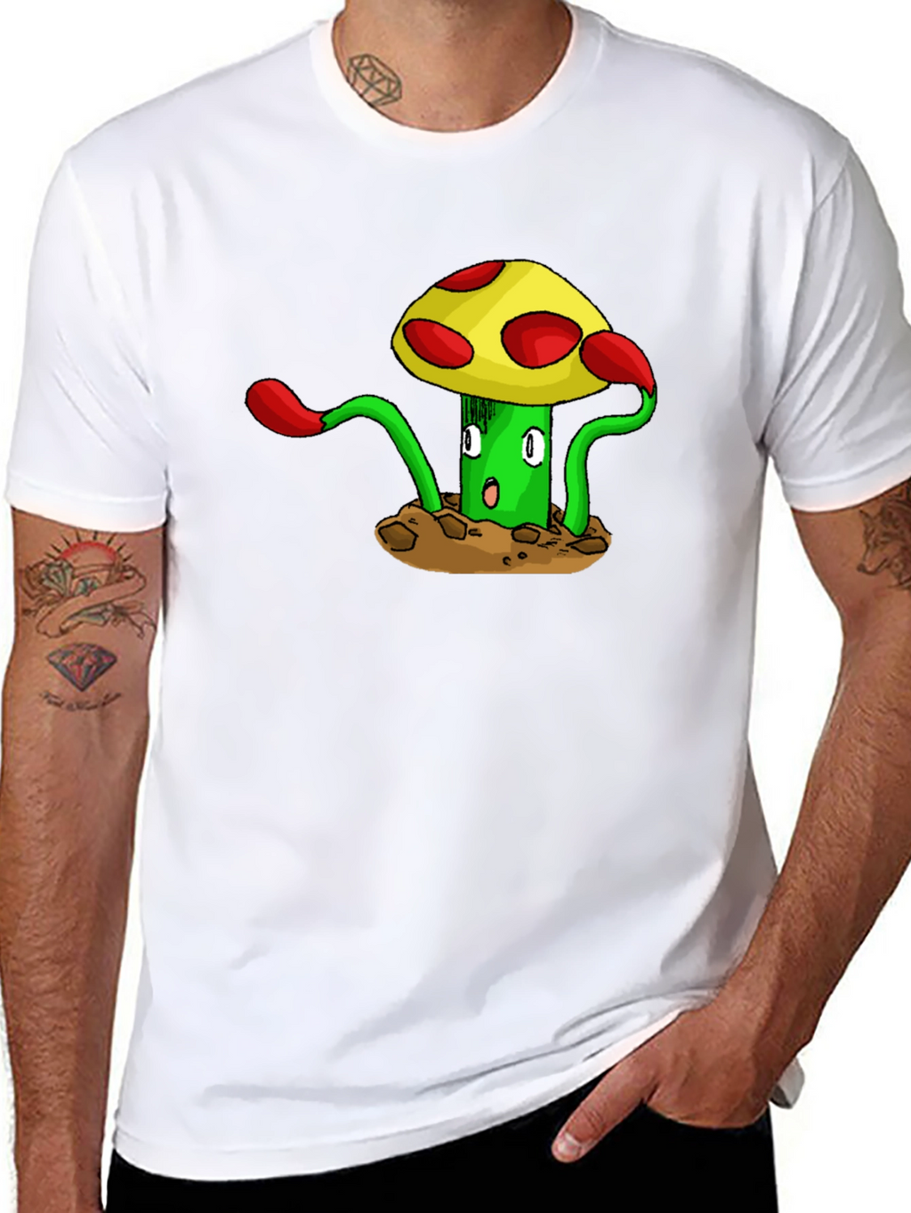 Funky Mushroom Graphic Tee - Black Cotton T-Shirt