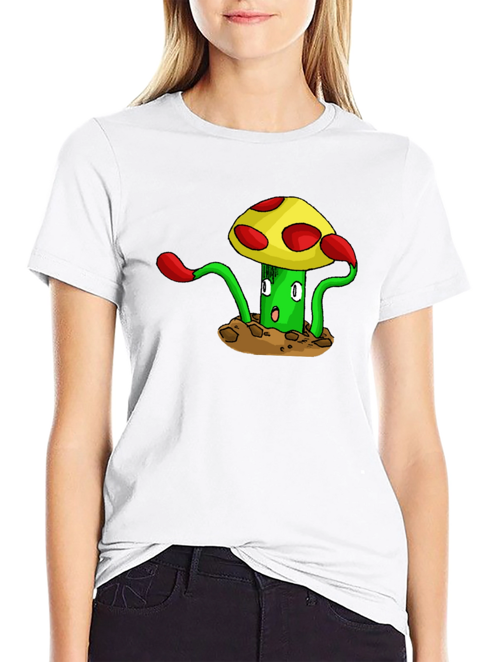 Funky Mushroom Graphic Tee - Black Cotton T-Shirt