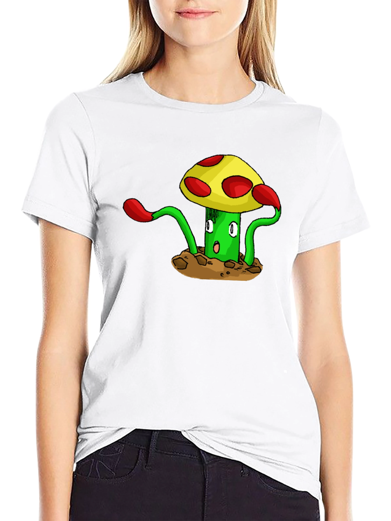 Funky Mushroom Graphic Tee - Black Cotton T-Shirt
